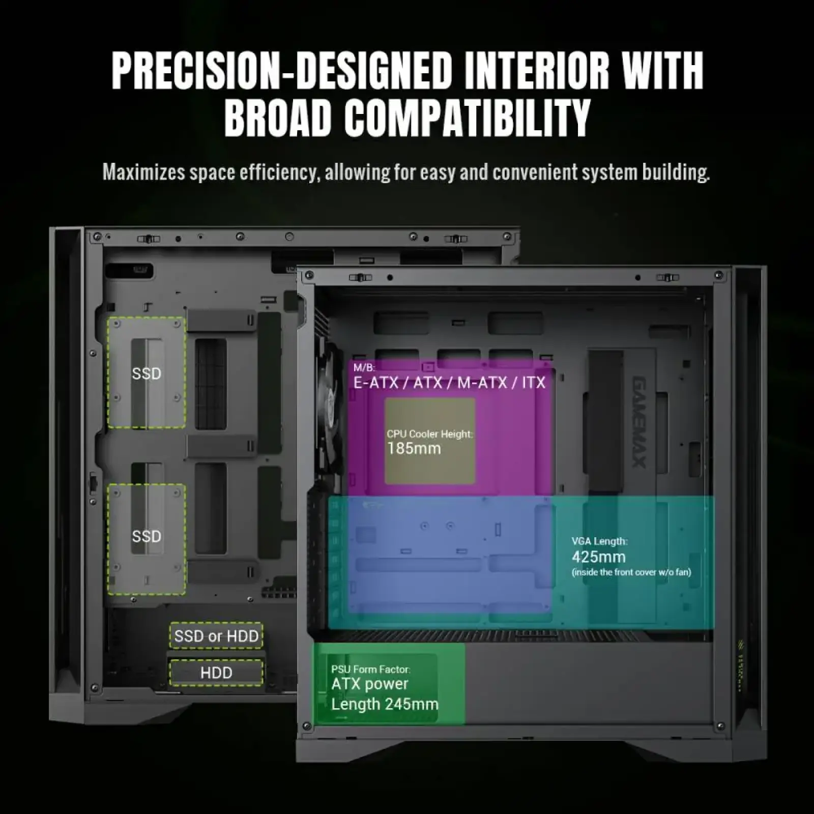 Корпус GAMEMAX Tower E-ATX без блока живлення , загартован е скло E-ATX,ATX, M-ATX,ITX, Tempered Glass,Mesh,2 LEADER 2 BK UA