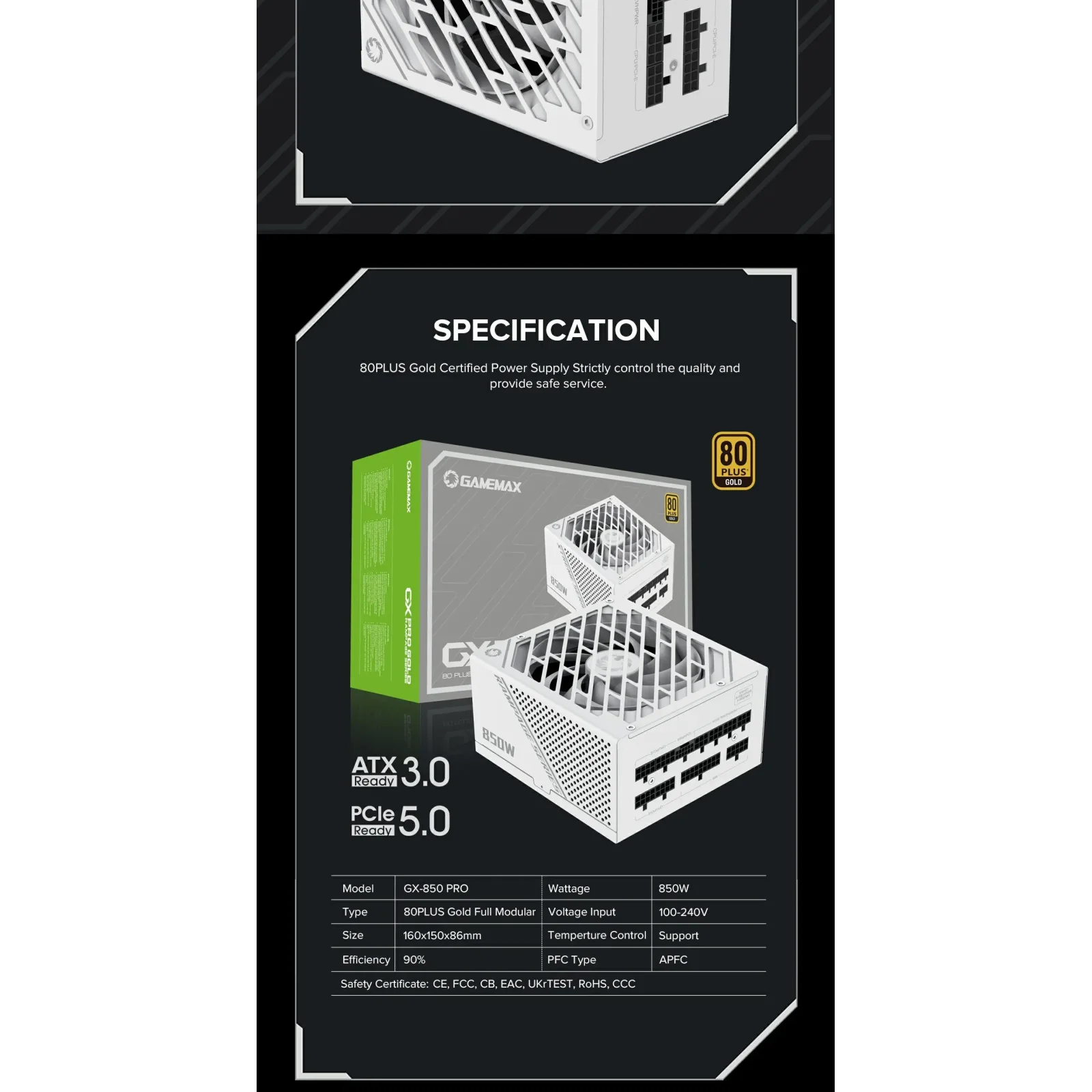 Блок живлення GAMEMAX GX-850 PRO WT (ATX3.0 PCIe5.0) UA