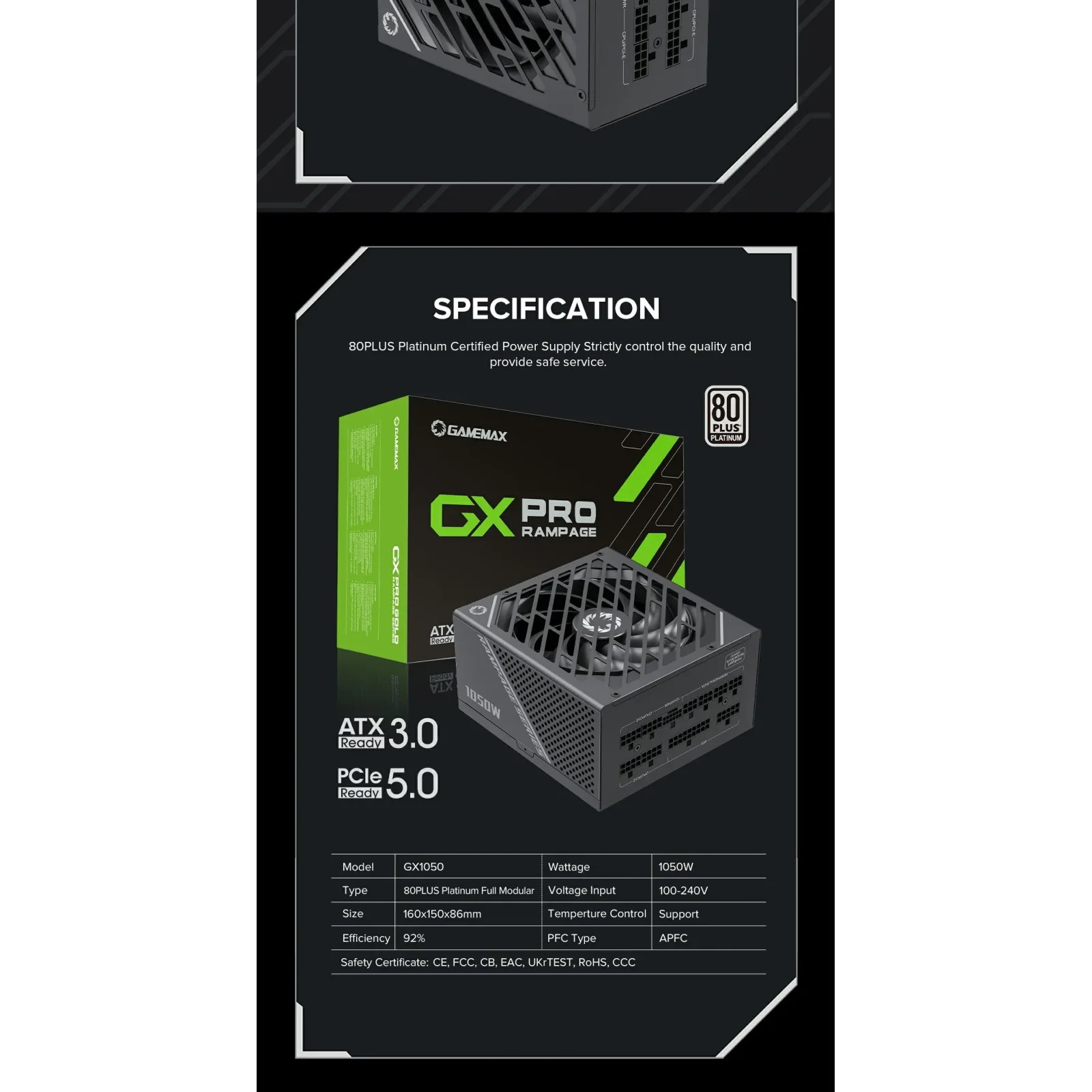 Блок питания GameMax GX-1050 PRO BK (ATX3.0PCIe5.0) UA