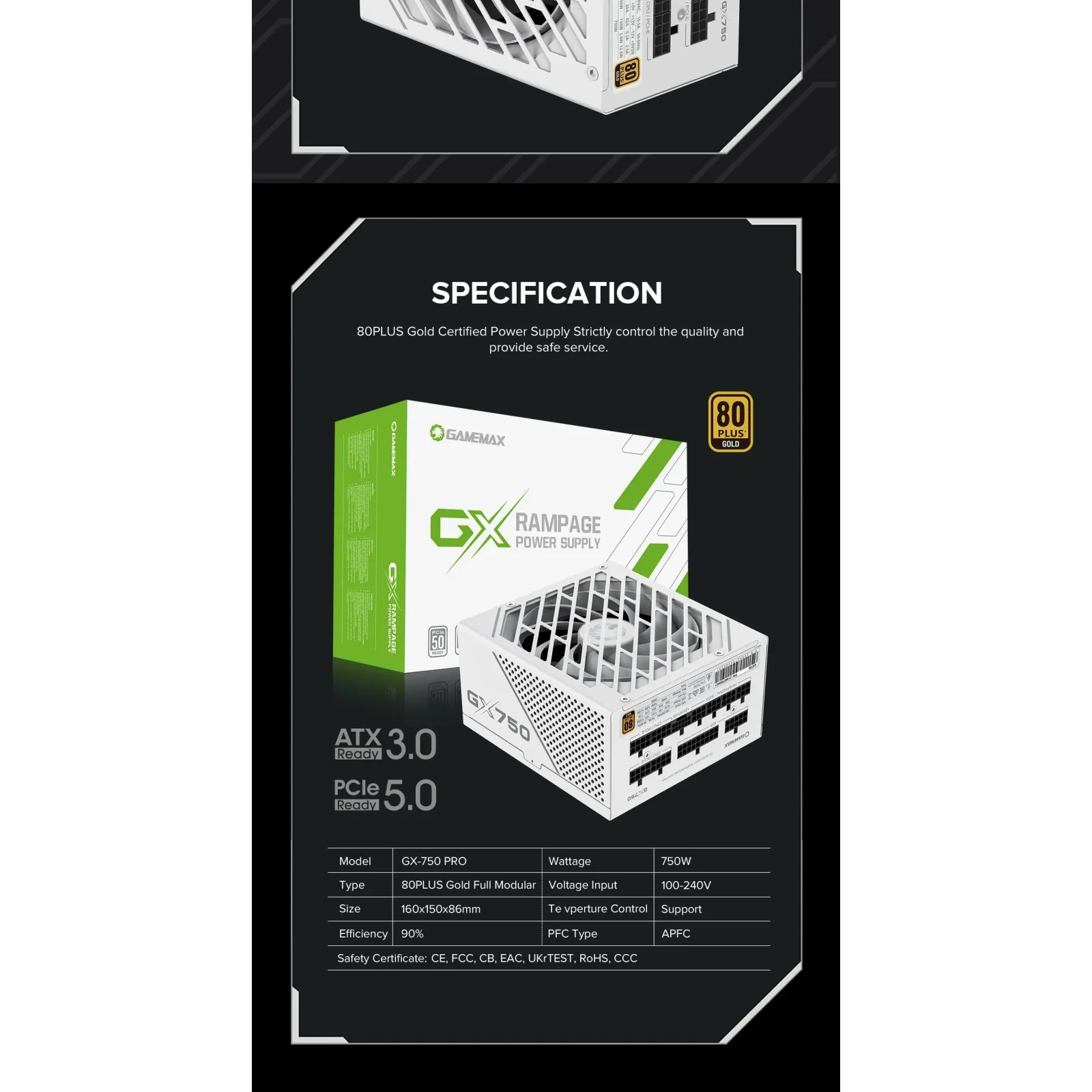 Блок питания GameMaxGX-750 PRO WH (ATX3.0 PCIe5.0) UA