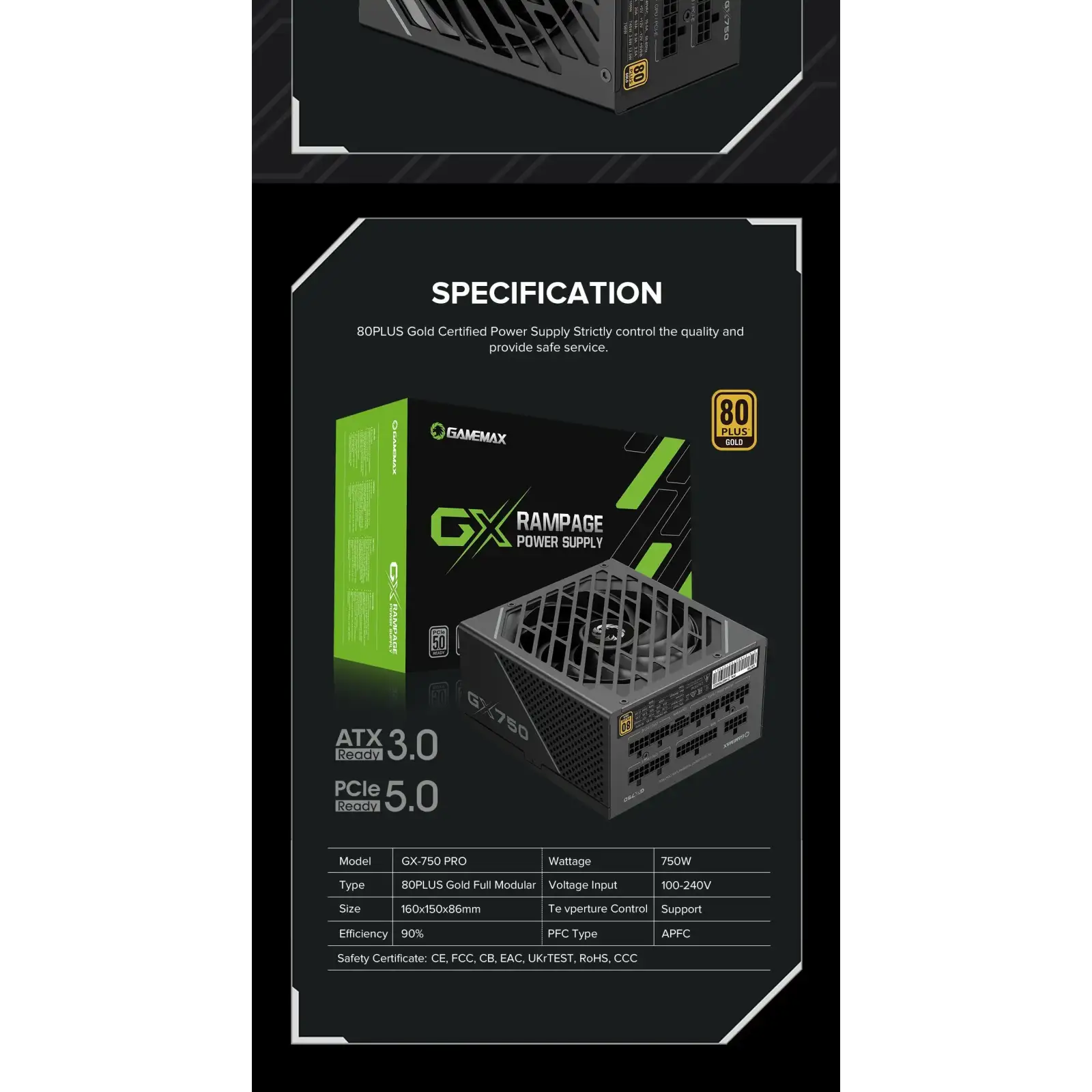 Блок живлення GAMEMAX GX-750 PRO BK (ATX3.0 PCIe5.0) UA