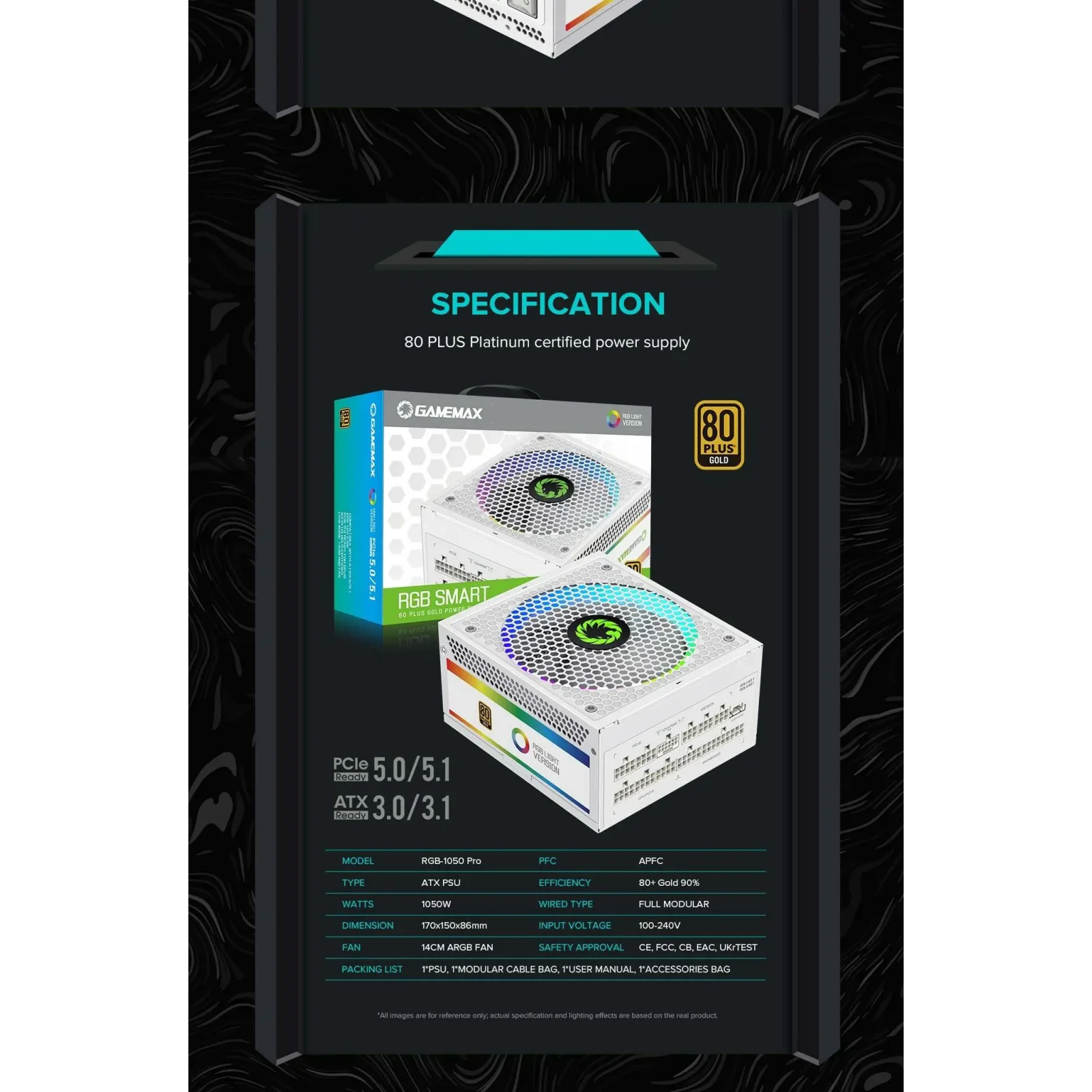 Блок питания GameMax RGB1050 PRO WH (ATX3.1PCIe5.1) UA