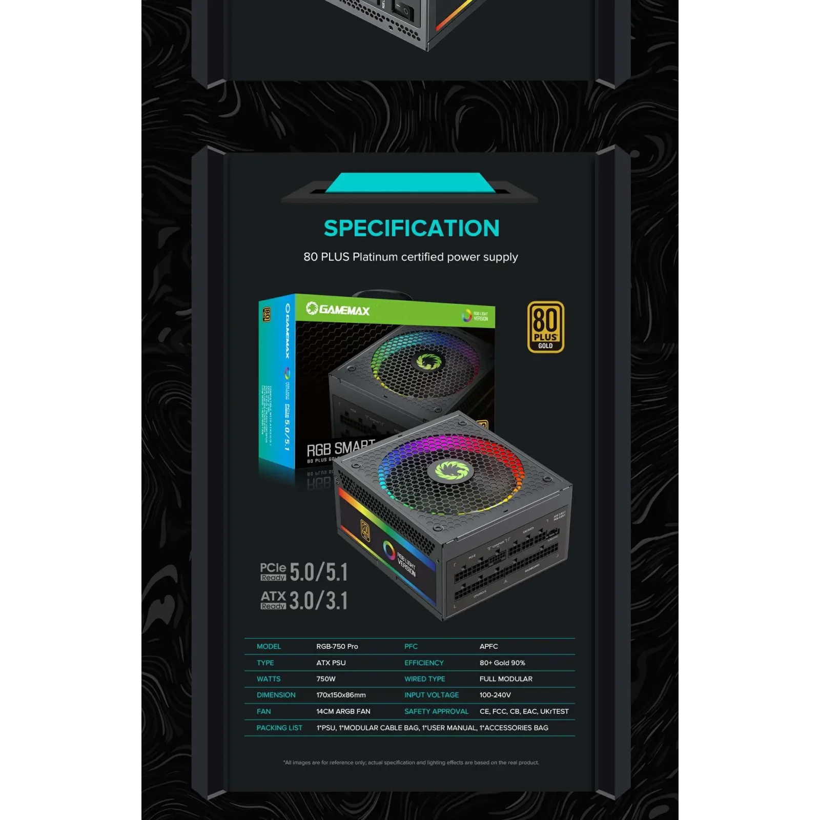 Блок живлення GameMax RGB 750 PRO (ATX3.1 PCIe5.1) UA