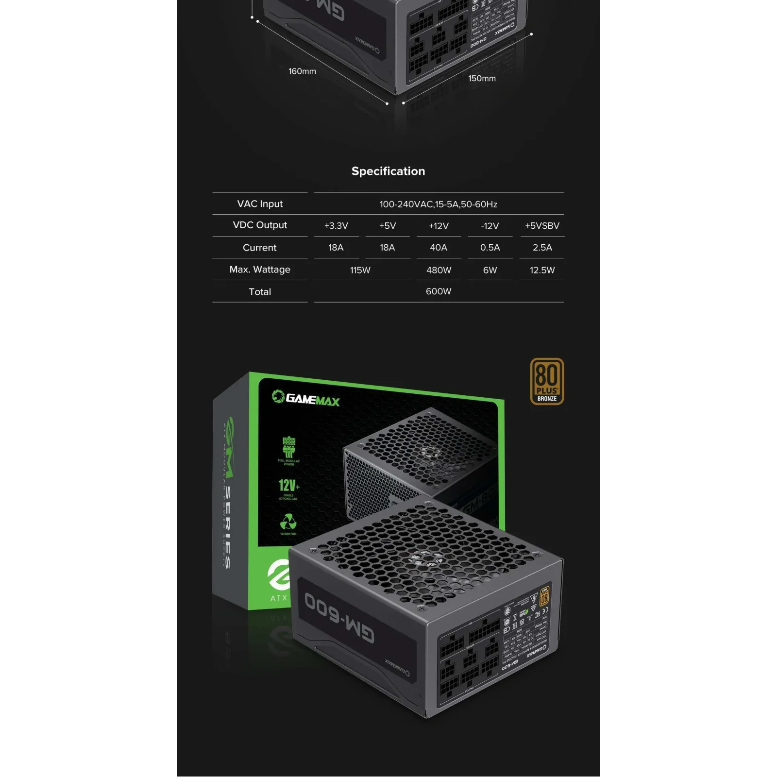 Блок питания GAMEMAX GM-600 Modular UA