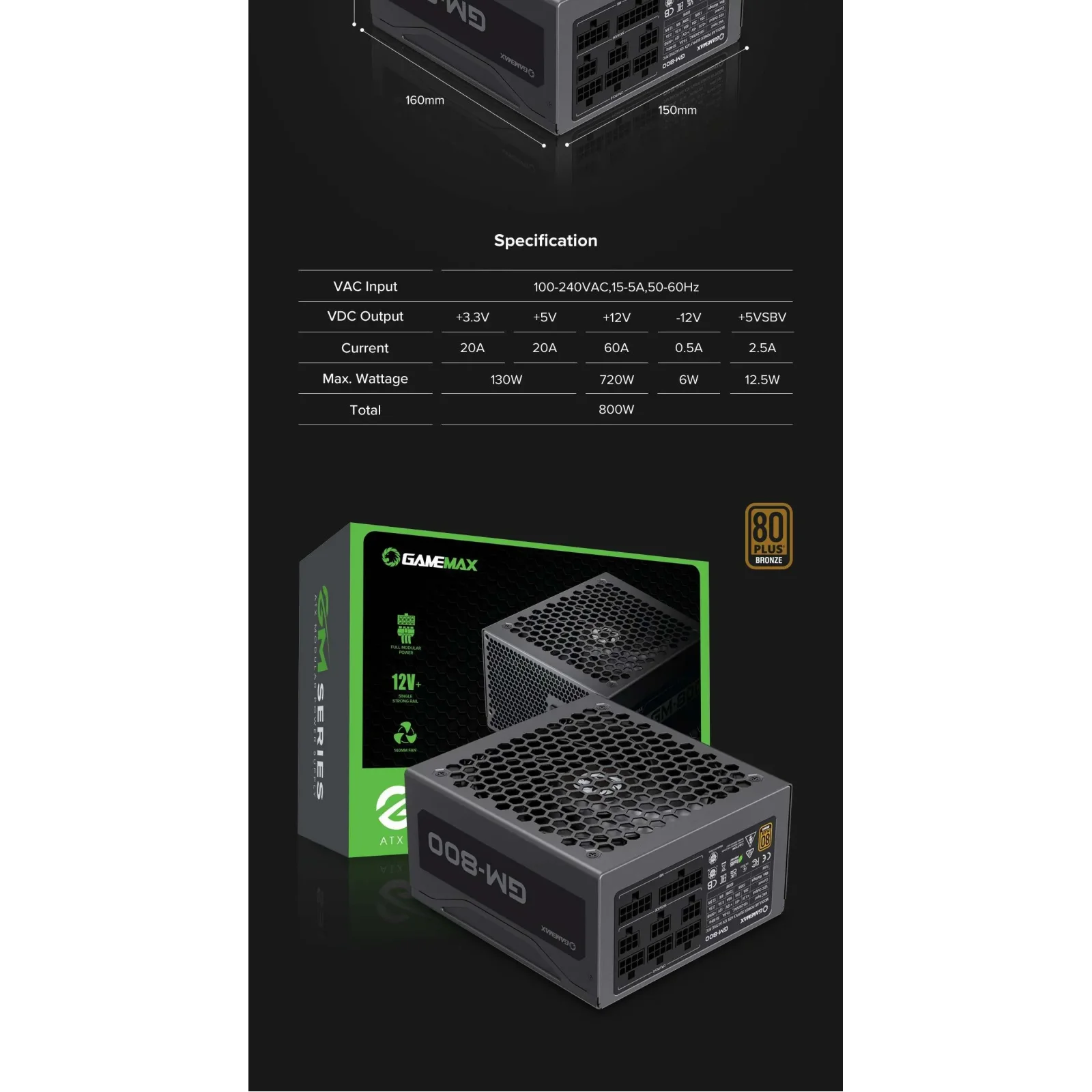 Блок питания GAMEMAX GM-800 Modular UA