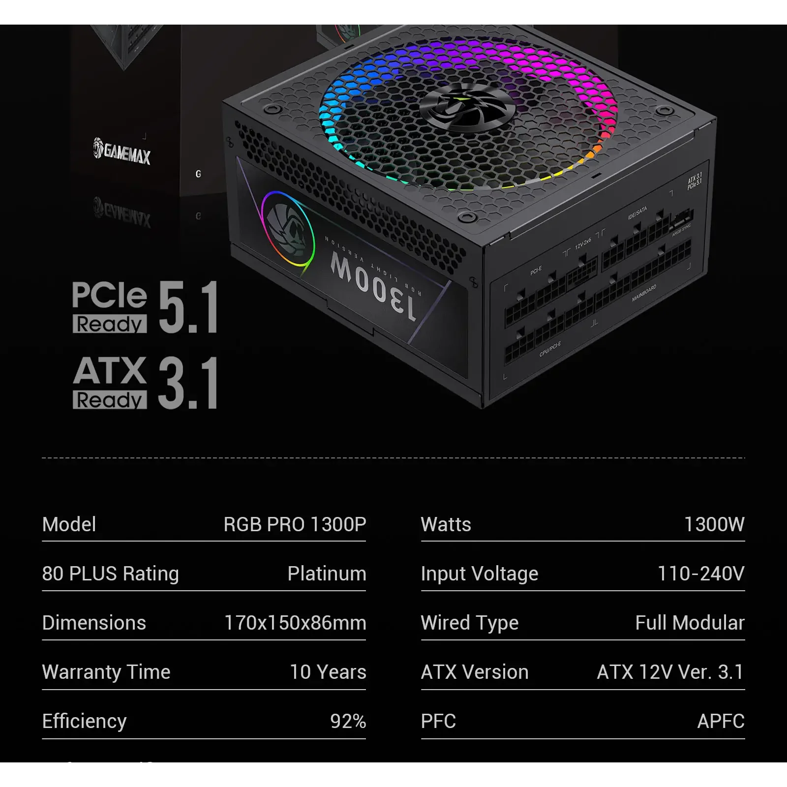 Блок живлення GameMax RGB PRO 1300P UA