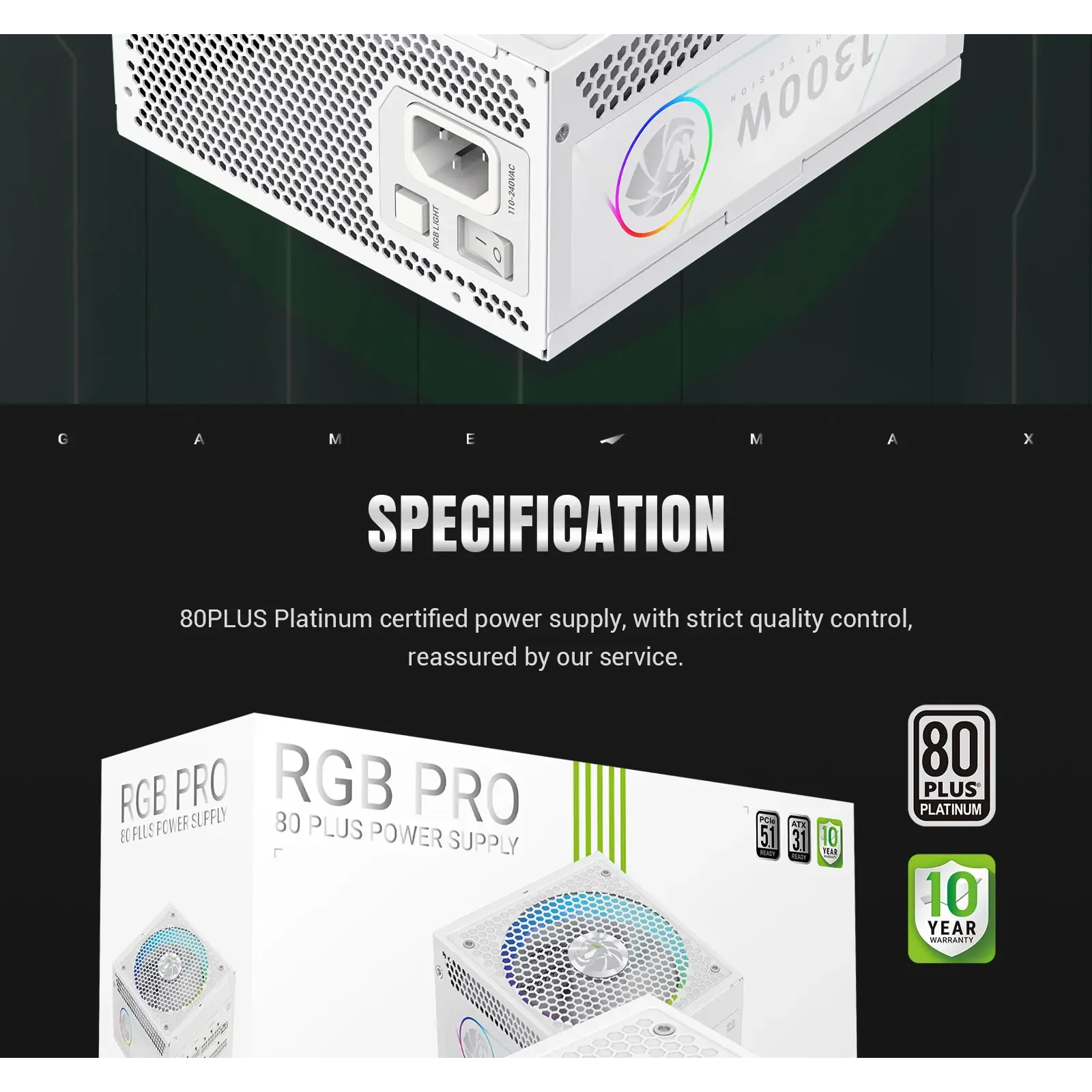 Блок живлення GameMax RGB PRO 1300P WH UA