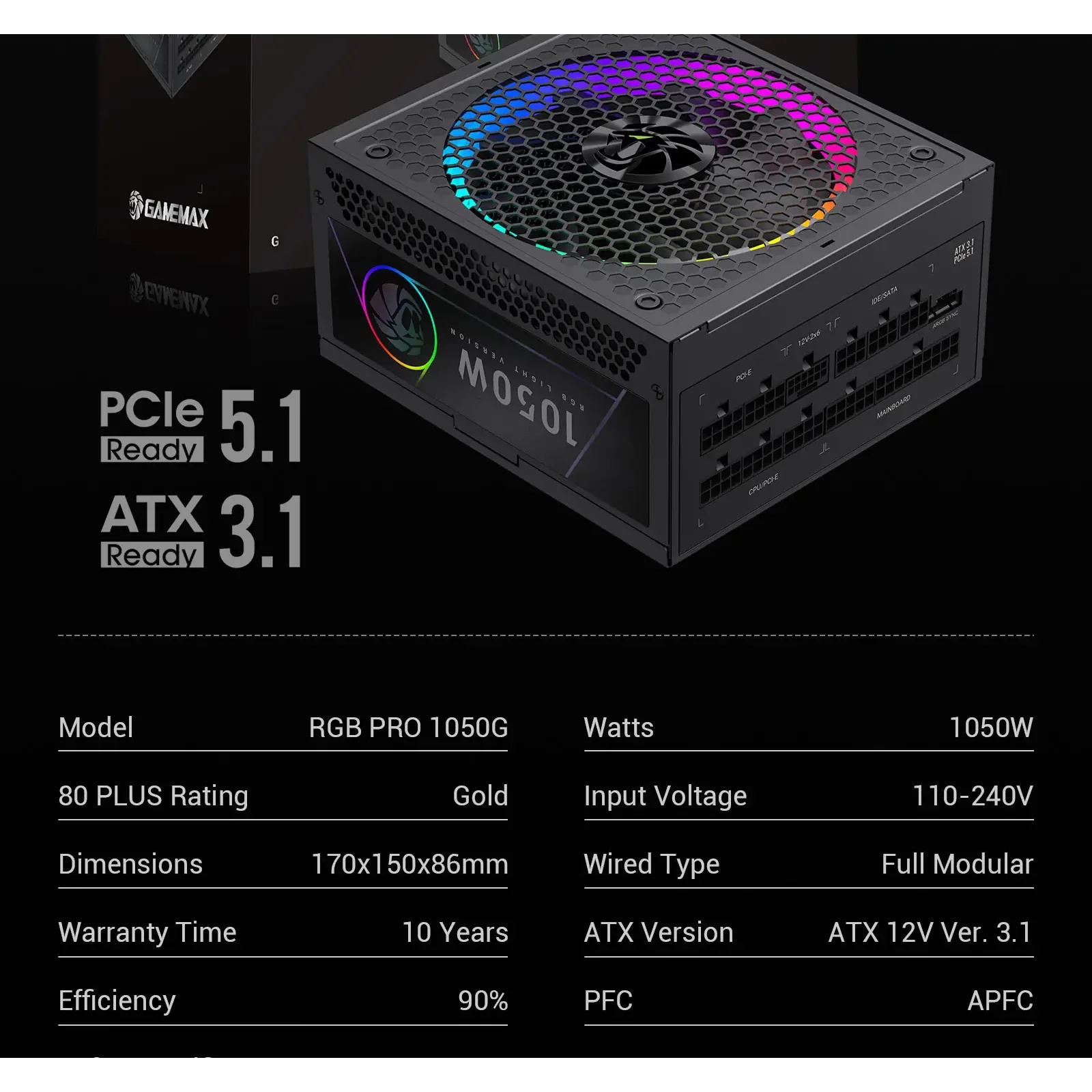 Блок живлення GameMax RGB PRO 1050G UA