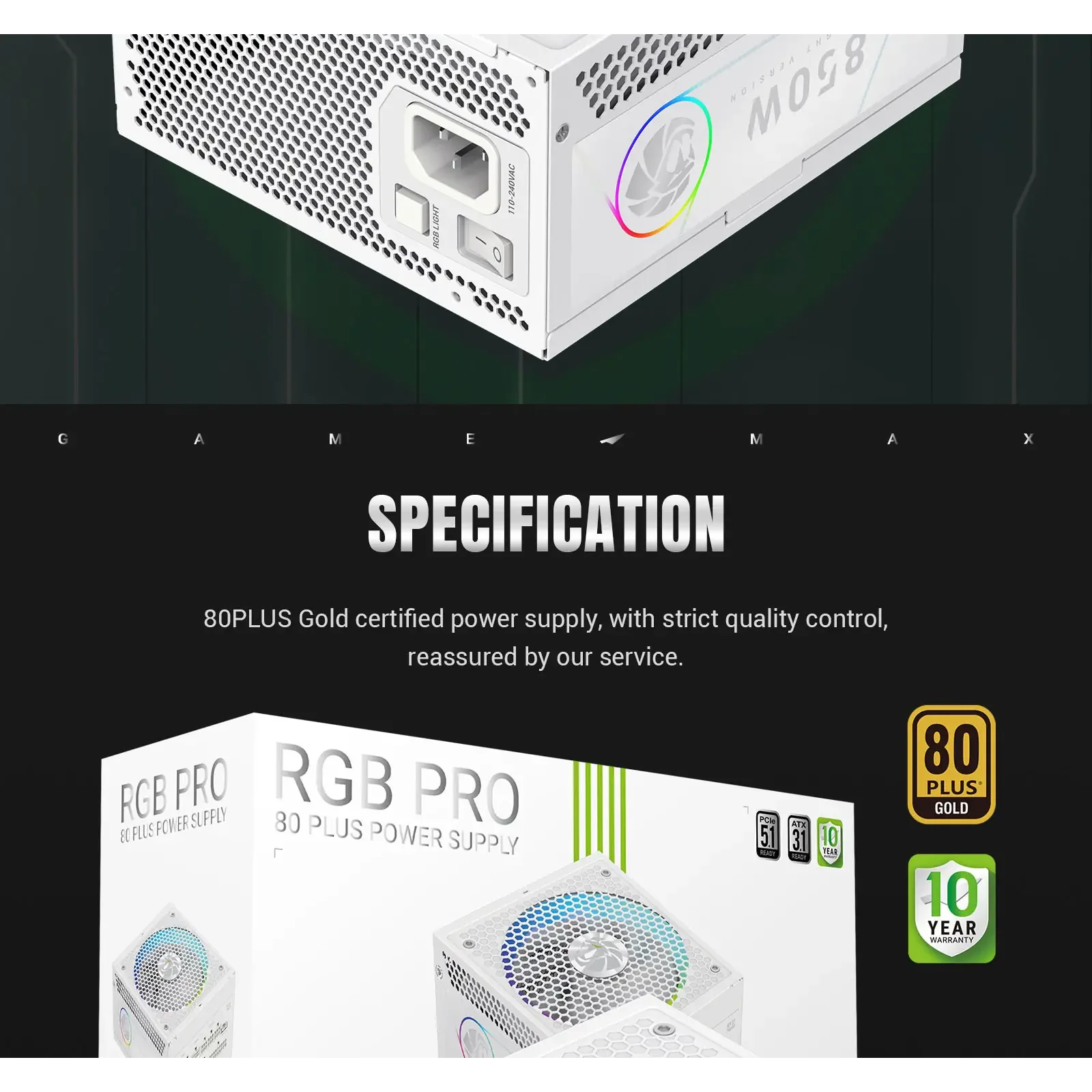 Блок живлення GameMax RGB PRO 850G WH UA