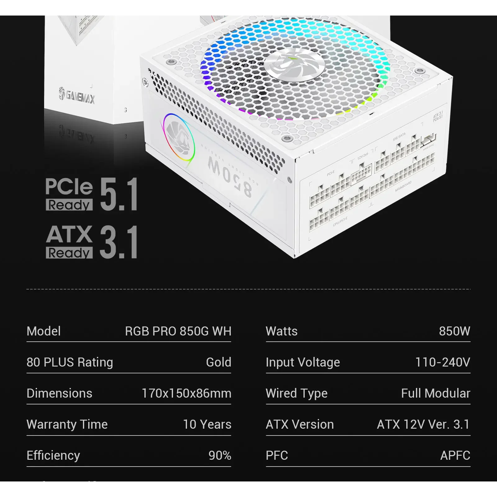 Блок живлення GameMax RGB PRO 850G WH UA