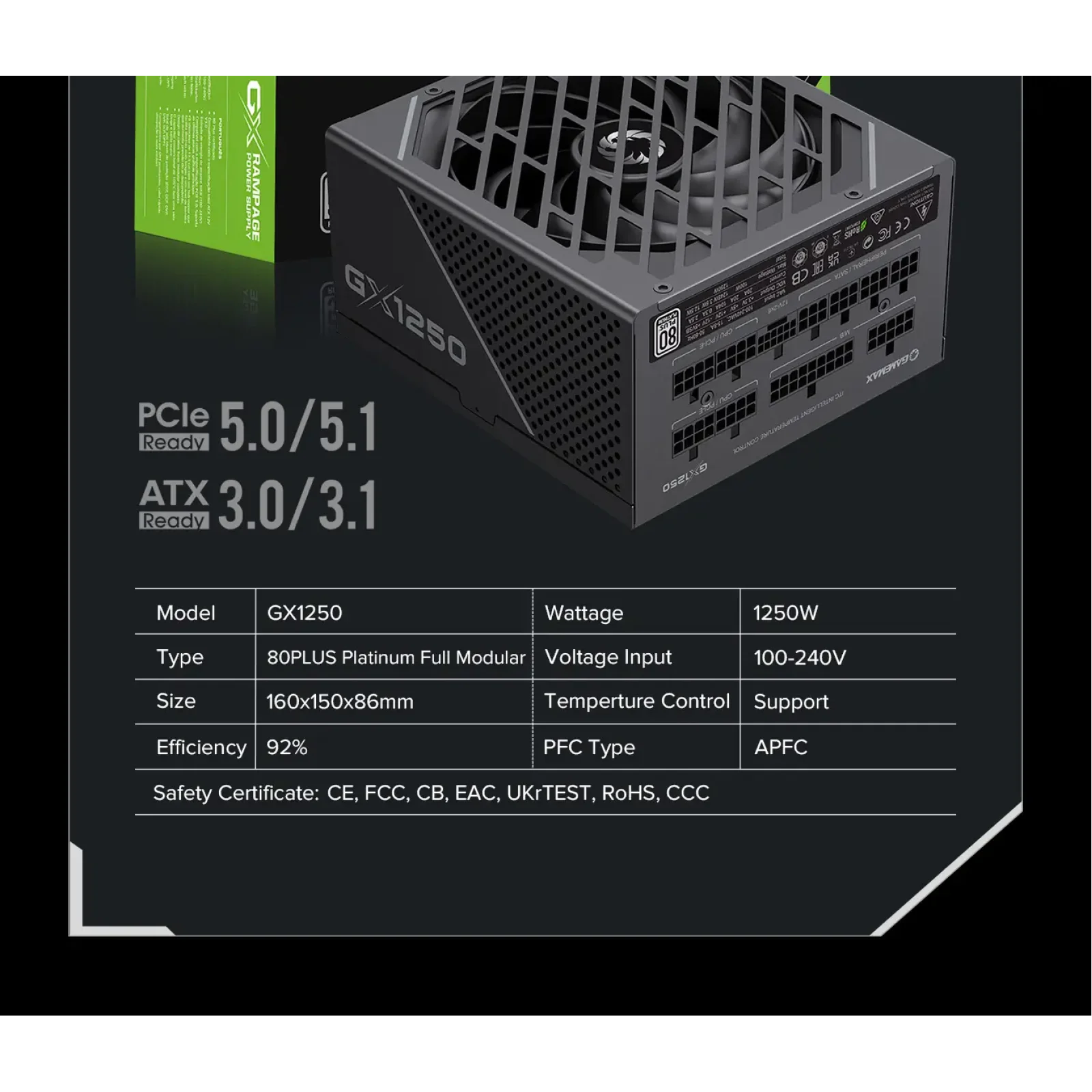 Блок живлення GameMax GX-1250 PRO BK (ATX3.1PCIe5.1) UA