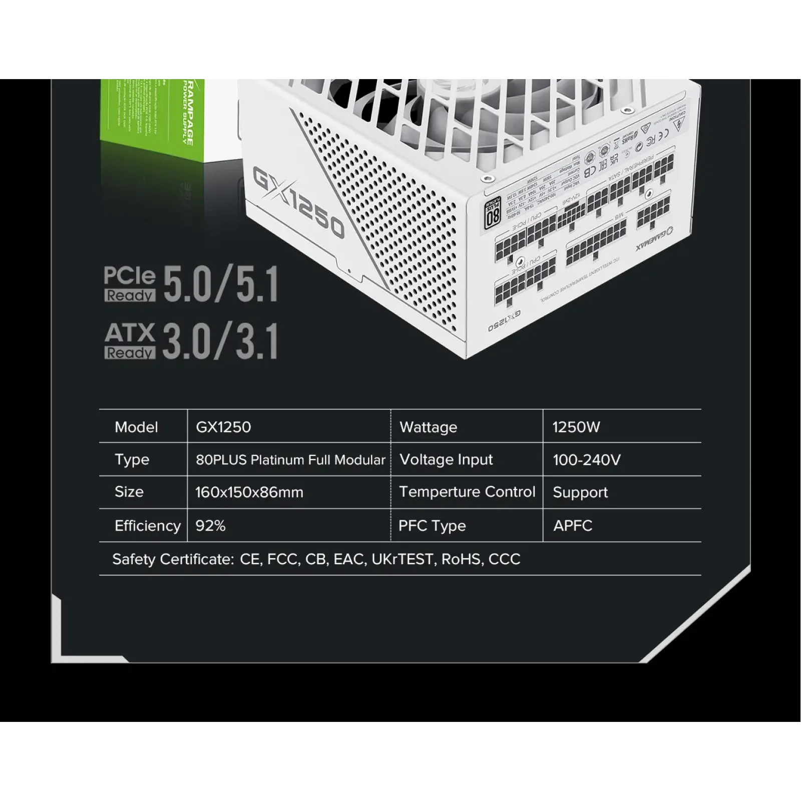 Блок живлення GameMax GX-1250 PRO WT (ATX3.1PCIe5.1) UA