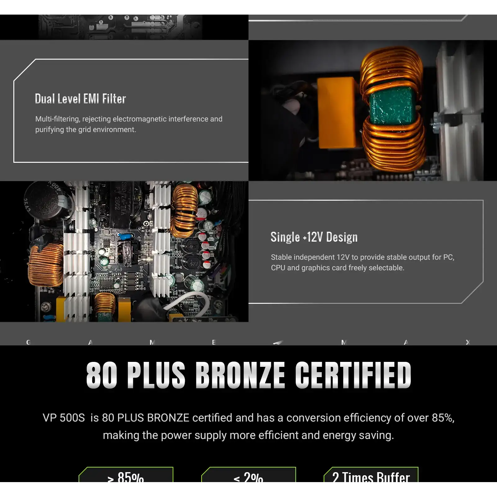 Блок питания GAMEMAX 500W, 80+ Bronze, fan 120mm ATX3.1 OPP/OVP/UVP/OCP/SCP/OTP/SIP/OLP VP 500S BK UA