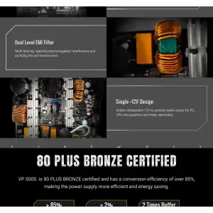 Блок питания GAMEMAX 500W, 80+ Bronze, fan 120mm ATX3.1 OPP/OVP/UVP/OCP/SCP/OTP/SIP/OLP VP 500S BK UA