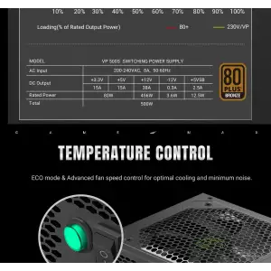 Блок питания GAMEMAX 500W, 80+ Bronze, fan 120mm ATX3.1 OPP/OVP/UVP/OCP/SCP/OTP/SIP/OLP VP 500S BK UA