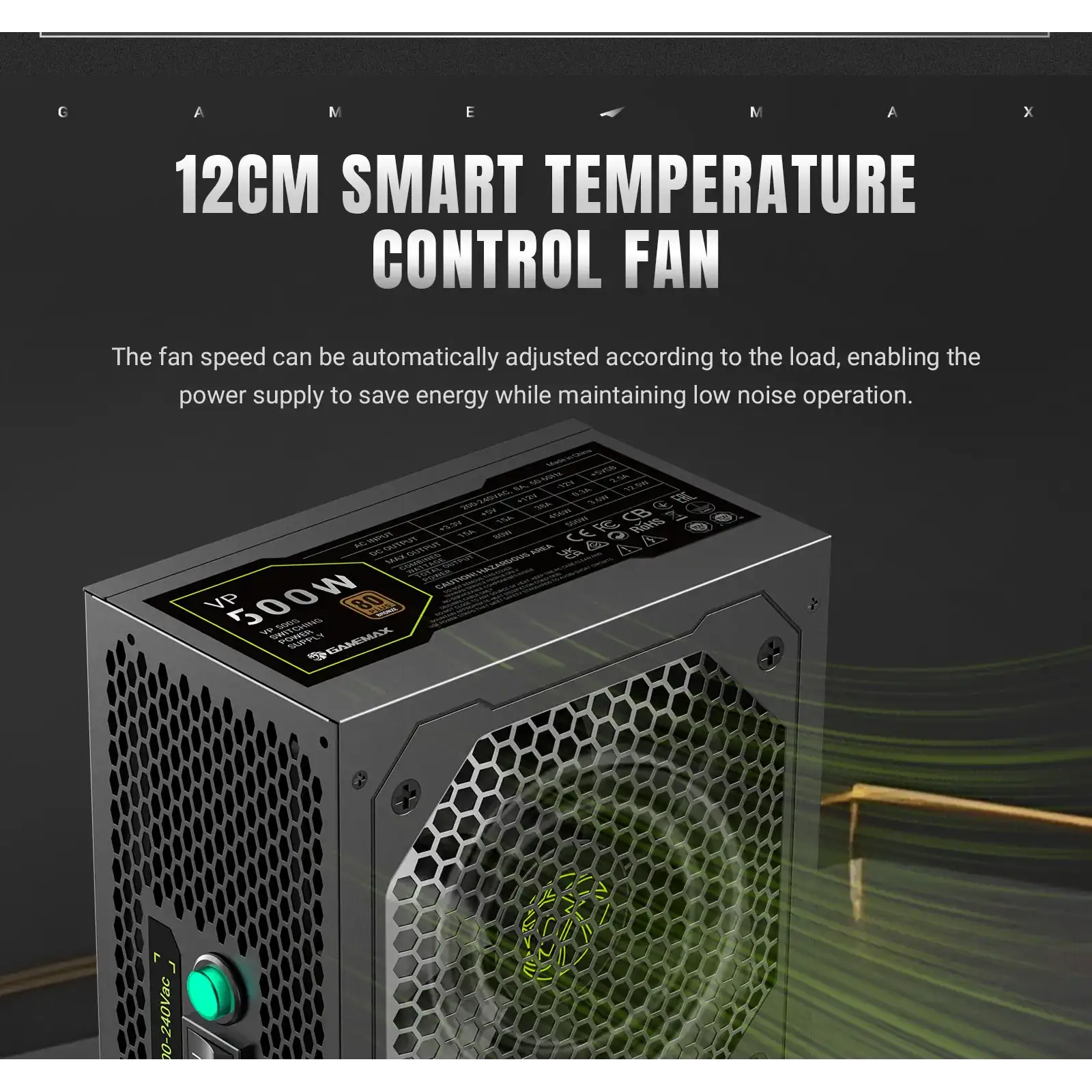 Блок питания GAMEMAX 500W, 80+ Bronze, fan 120mm ATX3.1 OPP/OVP/UVP/OCP/SCP/OTP/SIP/OLP VP 500S BK UA