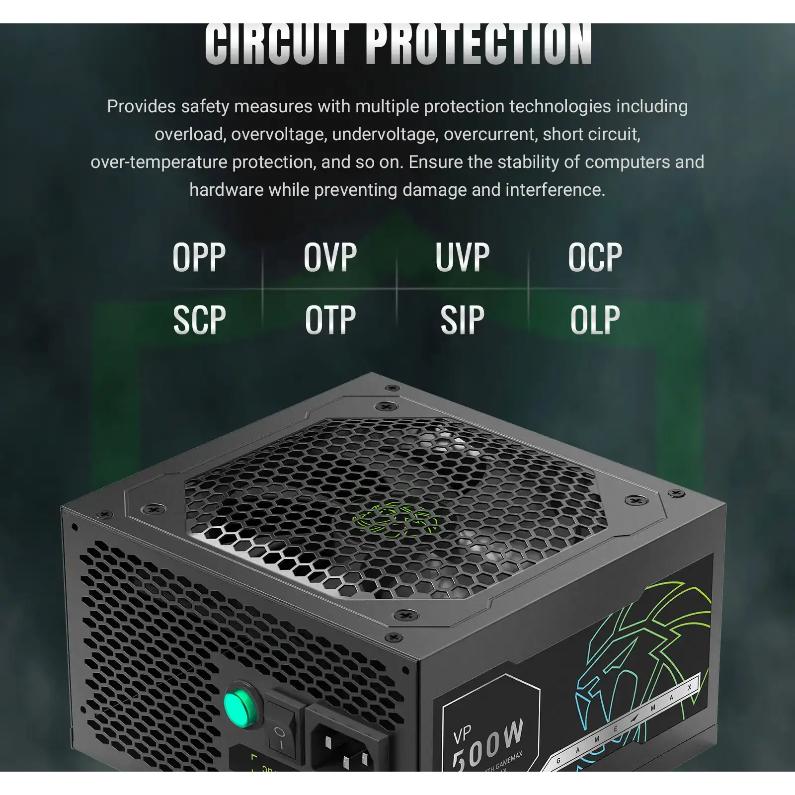 Блок питания GAMEMAX 500W, 80+ Bronze, fan 120mm ATX3.1 OPP/OVP/UVP/OCP/SCP/OTP/SIP/OLP VP 500S BK UA