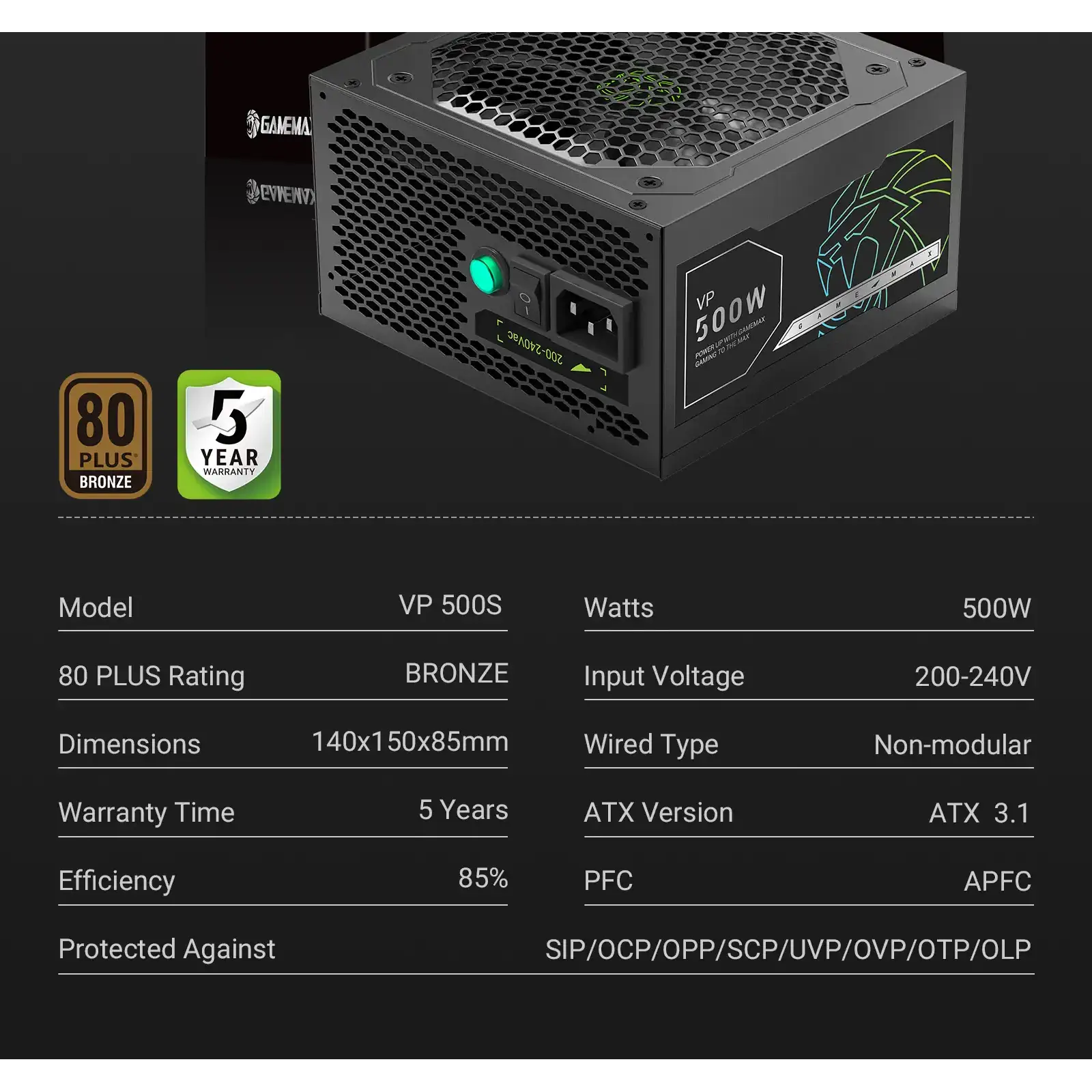 Блок питания GAMEMAX 500W, 80+ Bronze, fan 120mm ATX3.1 OPP/OVP/UVP/OCP/SCP/OTP/SIP/OLP VP 500S BK UA