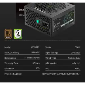 Блок питания GAMEMAX 500W, 80+ Bronze, fan 120mm ATX3.1 OPP/OVP/UVP/OCP/SCP/OTP/SIP/OLP VP 500S BK UA