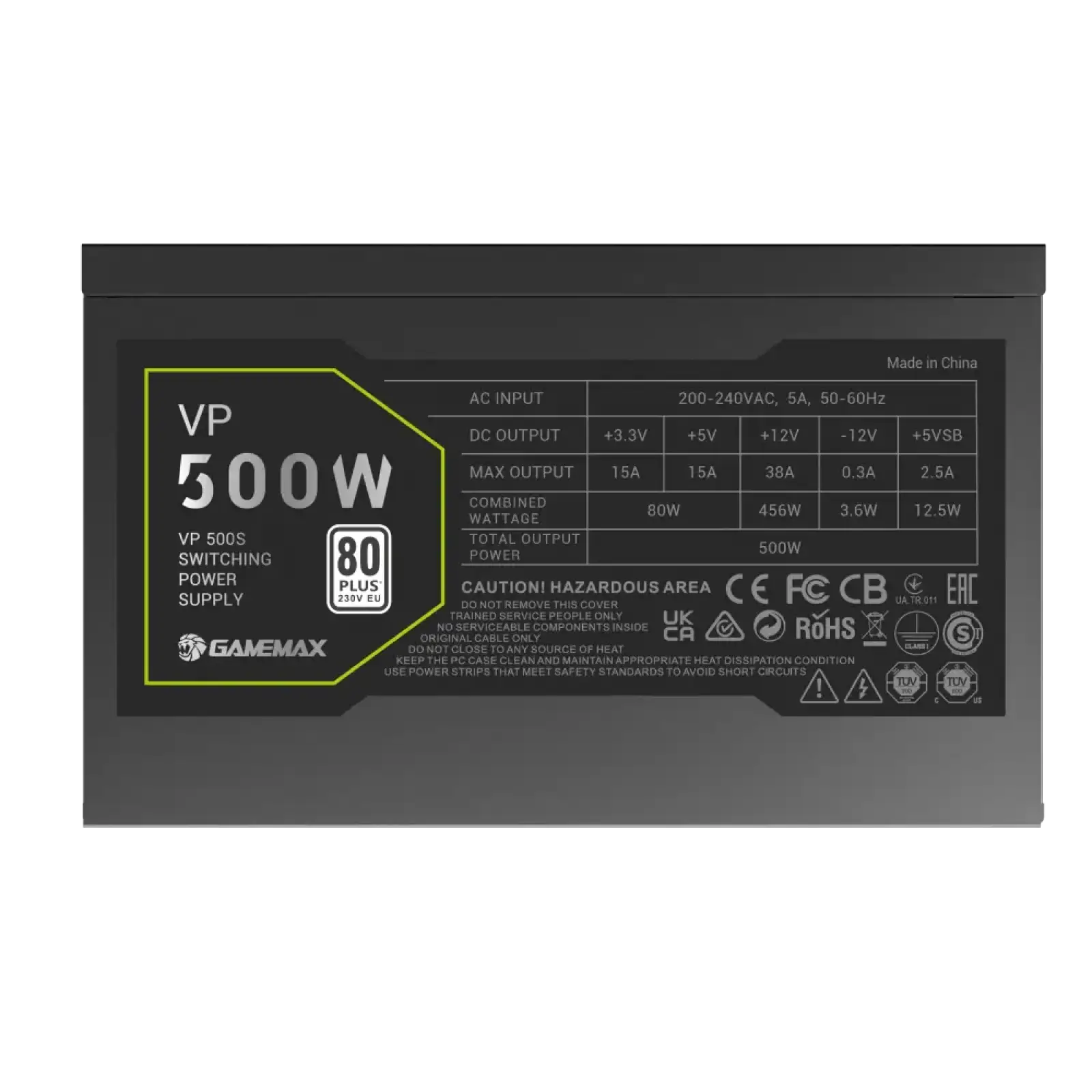 Блок питания GAMEMAX 500W, 80+ Bronze, fan 120mm ATX3.1 OPP/OVP/UVP/OCP/SCP/OTP/SIP/OLP VP 500S BK UA