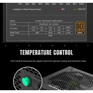 Блок питания GAMEMAX 600W, 80+ Bronze, fan 120mm PCIe 5. 1 & ATX3.1, Native 12V-2x6 OPP/OVP/UVP/OCP/SCP/OT VP 600S BK UA