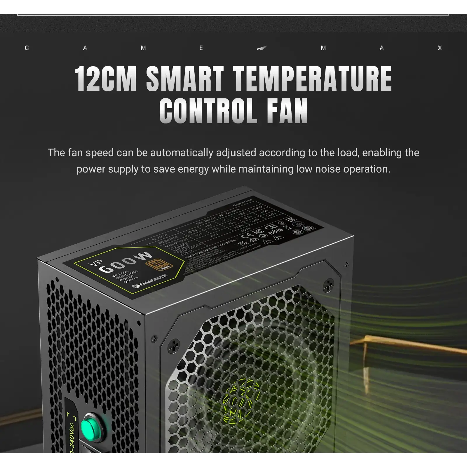 Блок питания GAMEMAX 600W, 80+ Bronze, fan 120mm PCIe 5. 1 & ATX3.1, Native 12V-2x6 OPP/OVP/UVP/OCP/SCP/OT VP 600S BK UA