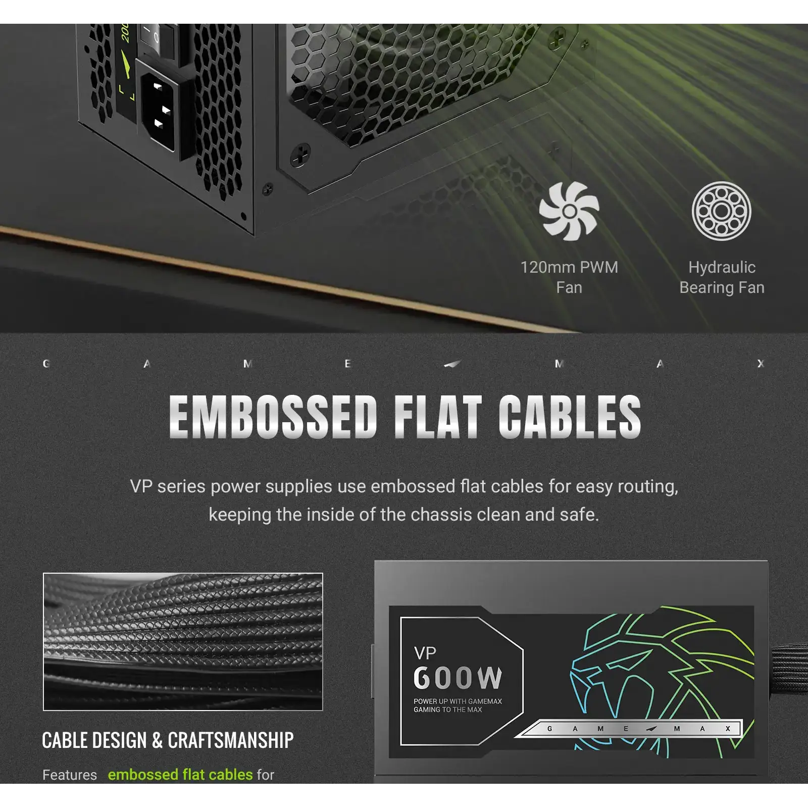 Блок питания GAMEMAX 600W, 80+ Bronze, fan 120mm PCIe 5. 1 & ATX3.1, Native 12V-2x6 OPP/OVP/UVP/OCP/SCP/OT VP 600S BK UA