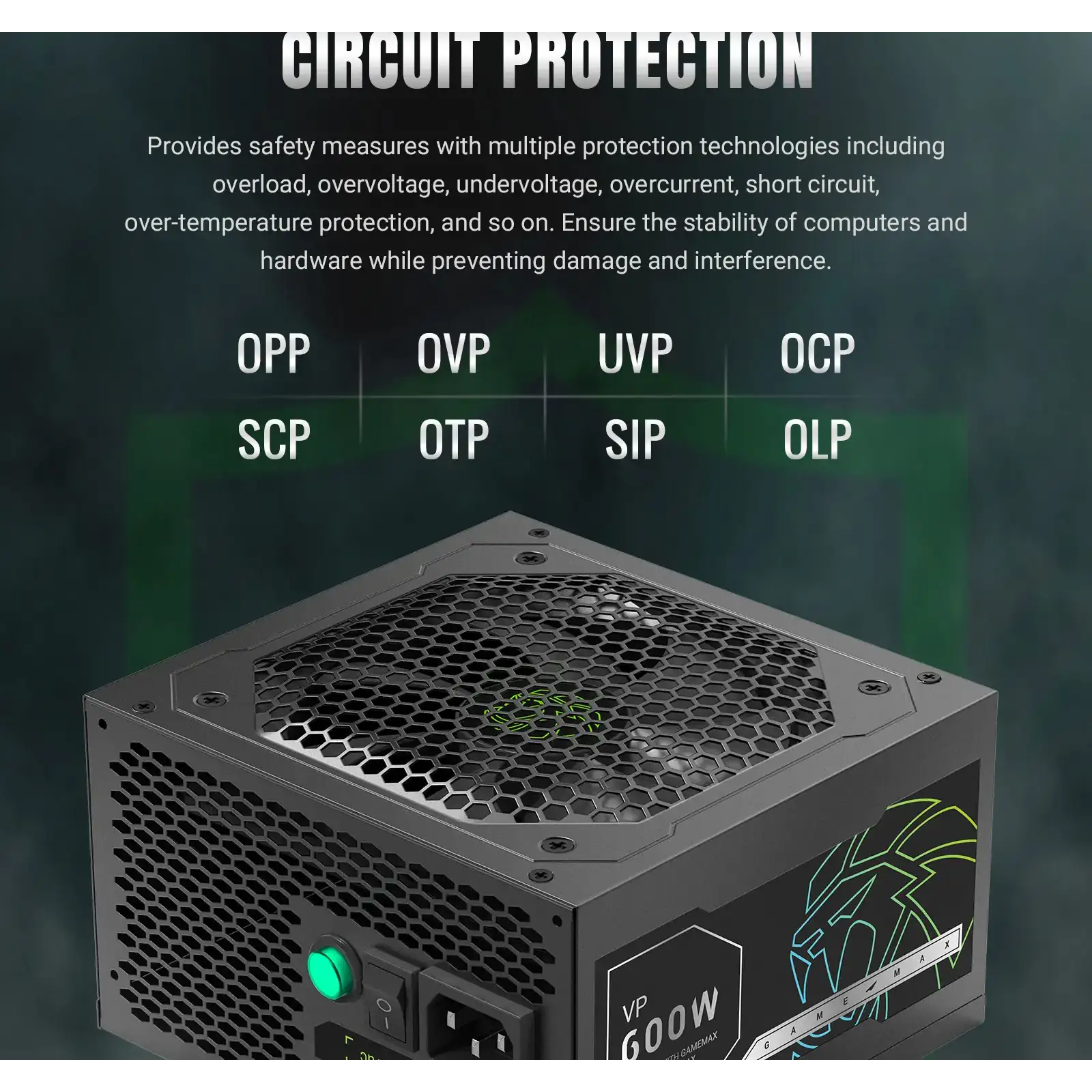 Блок питания GAMEMAX 600W, 80+ Bronze, fan 120mm PCIe 5. 1 & ATX3.1, Native 12V-2x6 OPP/OVP/UVP/OCP/SCP/OT VP 600S BK UA