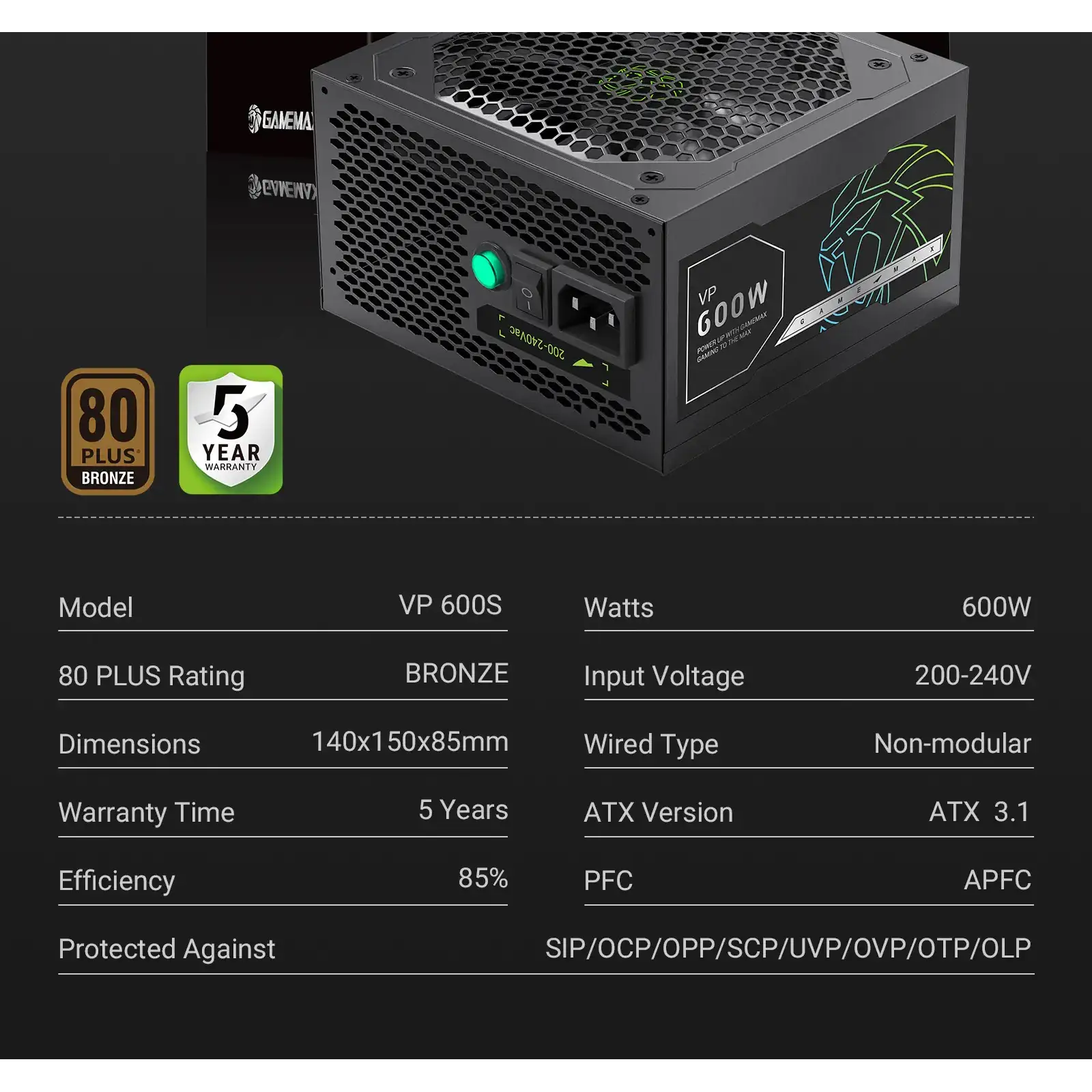 Блок питания GAMEMAX 600W, 80+ Bronze, fan 120mm PCIe 5. 1 & ATX3.1, Native 12V-2x6 OPP/OVP/UVP/OCP/SCP/OT VP 600S BK UA