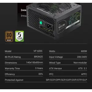 Блок питания GAMEMAX 600W, 80+ Bronze, fan 120mm PCIe 5. 1 & ATX3.1, Native 12V-2x6 OPP/OVP/UVP/OCP/SCP/OT VP 600S BK UA