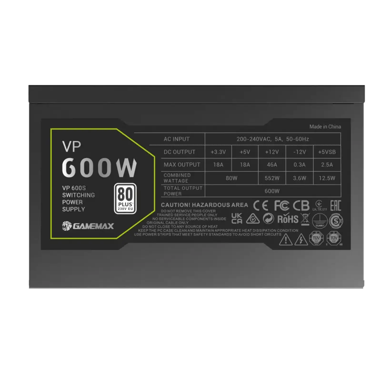 Блок питания GAMEMAX 600W, 80+ Bronze, fan 120mm PCIe 5. 1 & ATX3.1, Native 12V-2x6 OPP/OVP/UVP/OCP/SCP/OT VP 600S BK UA