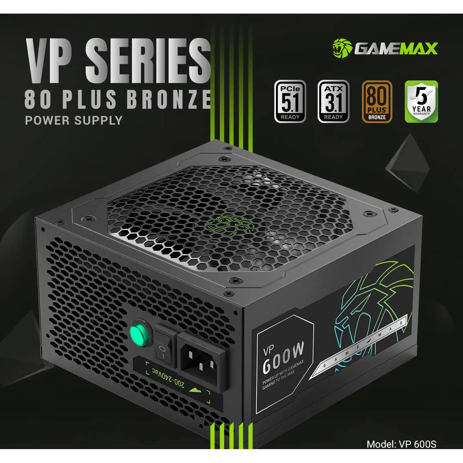 Блок питания GAMEMAX 600W, 80+ Bronze, fan 120mm PCIe 5. 1 & ATX3.1, Native 12V-2x6 OPP/OVP/UVP/OCP/SCP/OT VP 600S BK UA