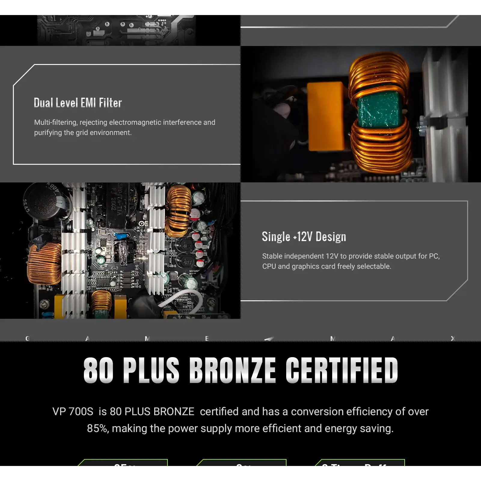 Блок живлення GAMEMAX 700W, 80+ Bronze, fan 120mm PCIe 5. 1 & ATX3.1, Native 12V-2x6 OPP/OVP/UVP/OCP/SCP/OT VP 700S BK UA