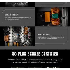 Блок живлення GAMEMAX 700W, 80+ Bronze, fan 120mm PCIe 5. 1 & ATX3.1, Native 12V-2x6 OPP/OVP/UVP/OCP/SCP/OT VP 700S BK UA