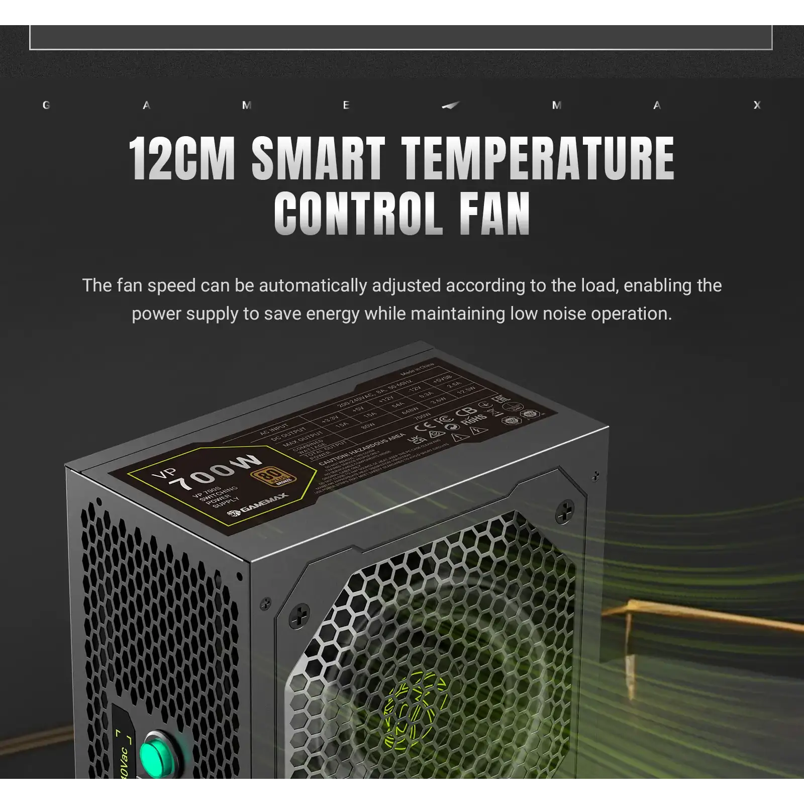 Блок живлення GAMEMAX 700W, 80+ Bronze, fan 120mm PCIe 5. 1 & ATX3.1, Native 12V-2x6 OPP/OVP/UVP/OCP/SCP/OT VP 700S BK UA