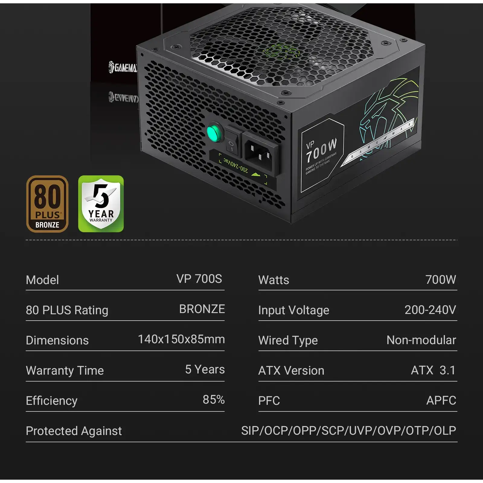 Блок живлення GAMEMAX 700W, 80+ Bronze, fan 120mm PCIe 5. 1 & ATX3.1, Native 12V-2x6 OPP/OVP/UVP/OCP/SCP/OT VP 700S BK UA