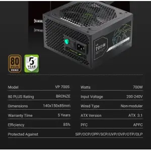 Блок живлення GAMEMAX 700W, 80+ Bronze, fan 120mm PCIe 5. 1 & ATX3.1, Native 12V-2x6 OPP/OVP/UVP/OCP/SCP/OT VP 700S BK UA