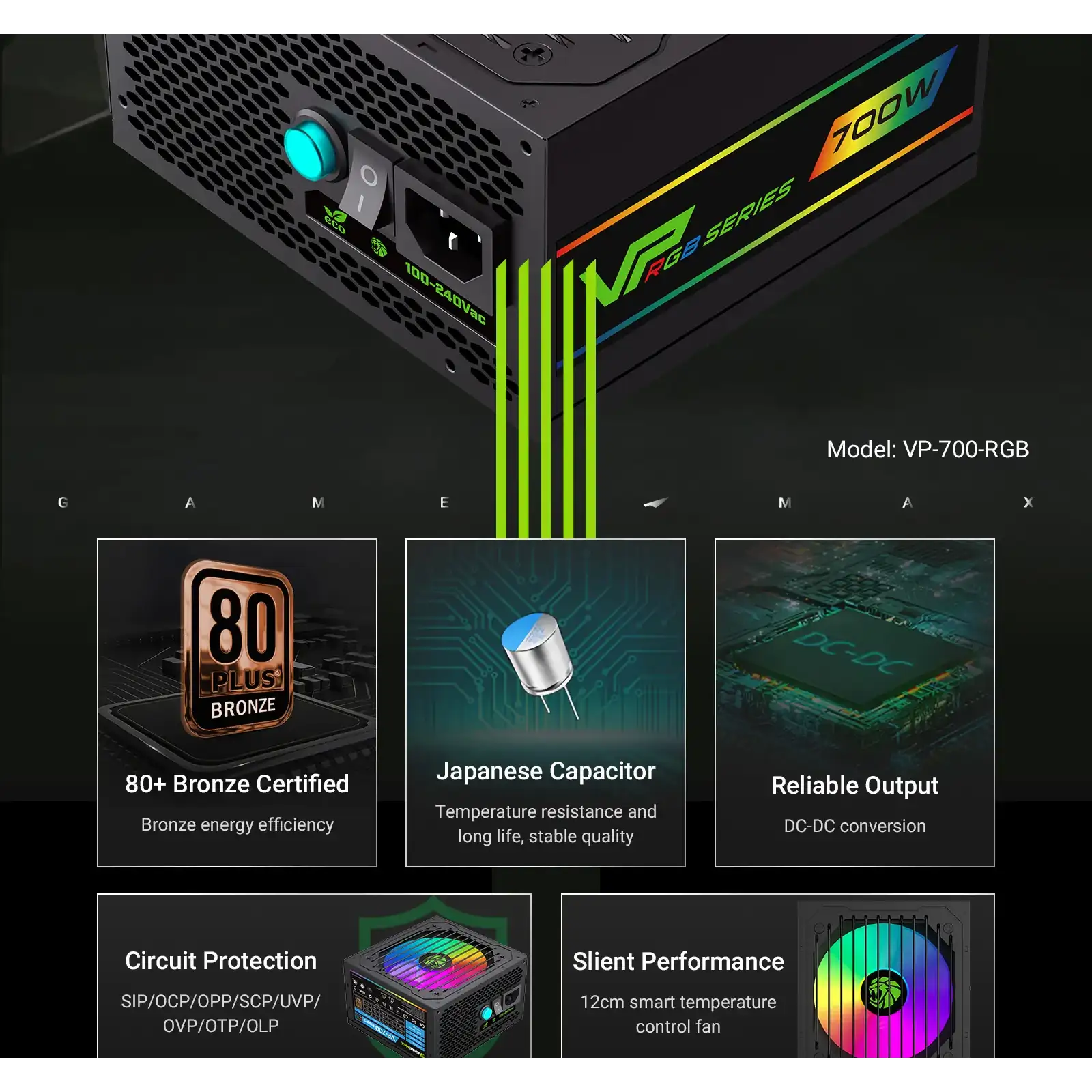 Блок живлення GAMEMAX 700W, 80+ Bronze, fan 120mm PCIe 5. 1 & ATX3.1, Native 12V-2x6 OPP/OVP/UVP/OCP/SCP/OT VP 700S BK-RGB UA