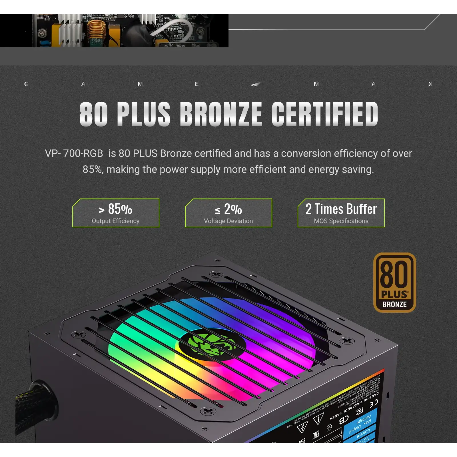 Блок живлення GAMEMAX 700W, 80+ Bronze, fan 120mm PCIe 5. 1 & ATX3.1, Native 12V-2x6 OPP/OVP/UVP/OCP/SCP/OT VP 700S BK-RGB UA
