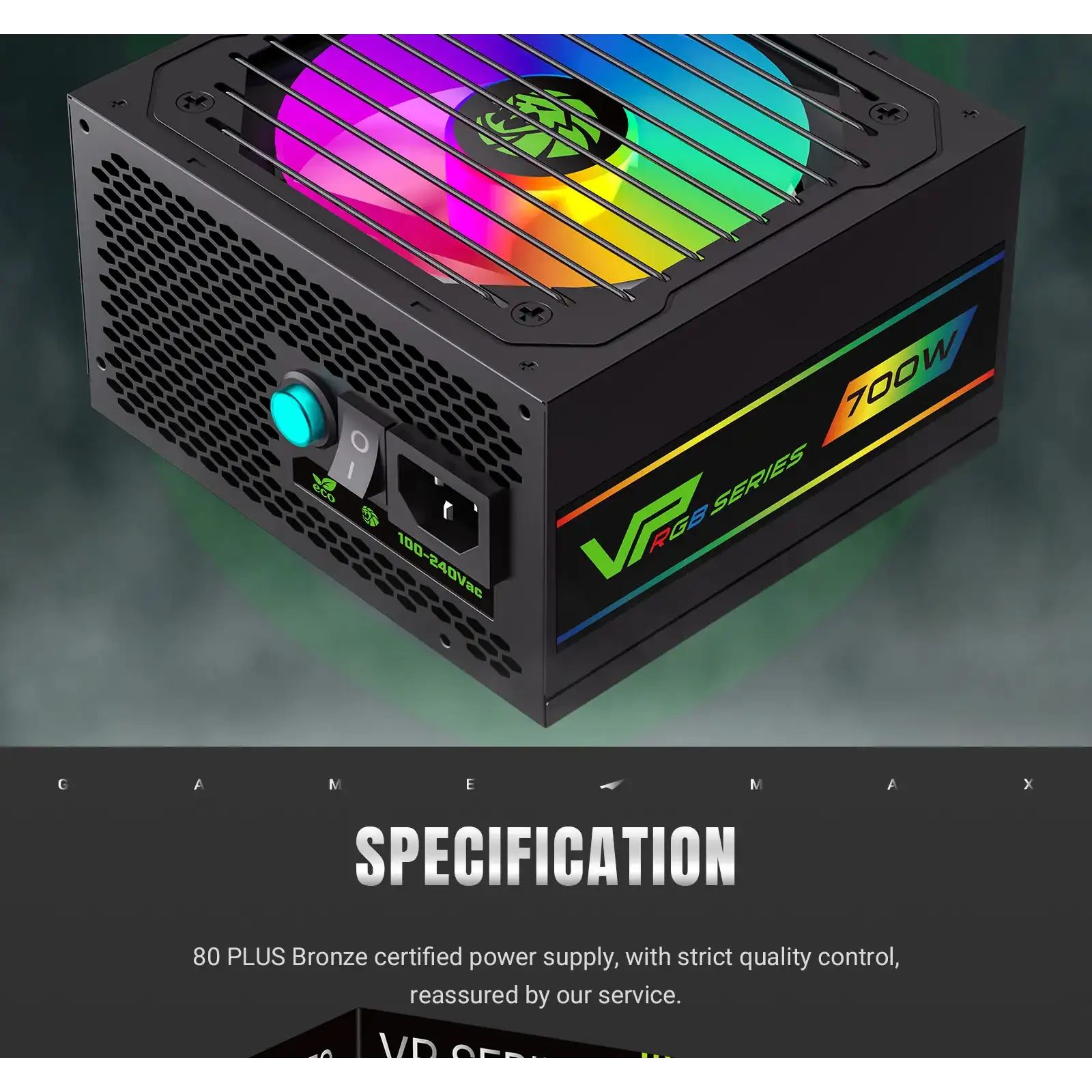 Блок живлення GAMEMAX 700W, 80+ Bronze, fan 120mm PCIe 5. 1 & ATX3.1, Native 12V-2x6 OPP/OVP/UVP/OCP/SCP/OT VP 700S BK-RGB UA
