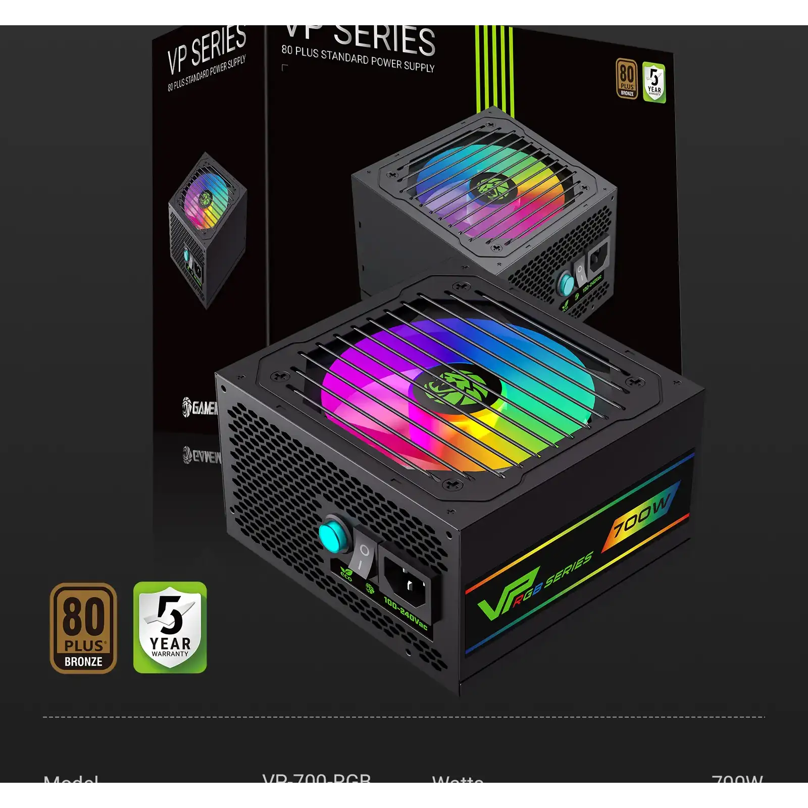 Блок живлення GAMEMAX 700W, 80+ Bronze, fan 120mm PCIe 5. 1 & ATX3.1, Native 12V-2x6 OPP/OVP/UVP/OCP/SCP/OT VP 700S BK-RGB UA