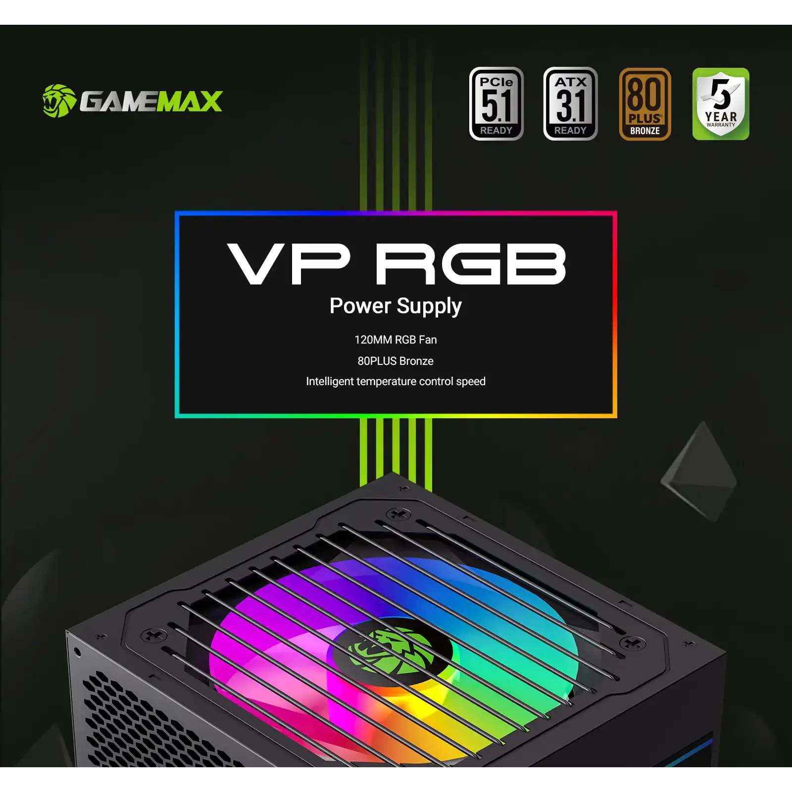 Блок живлення GAMEMAX 700W, 80+ Bronze, fan 120mm PCIe 5. 1 & ATX3.1, Native 12V-2x6 OPP/OVP/UVP/OCP/SCP/OT VP 700S BK-RGB UA