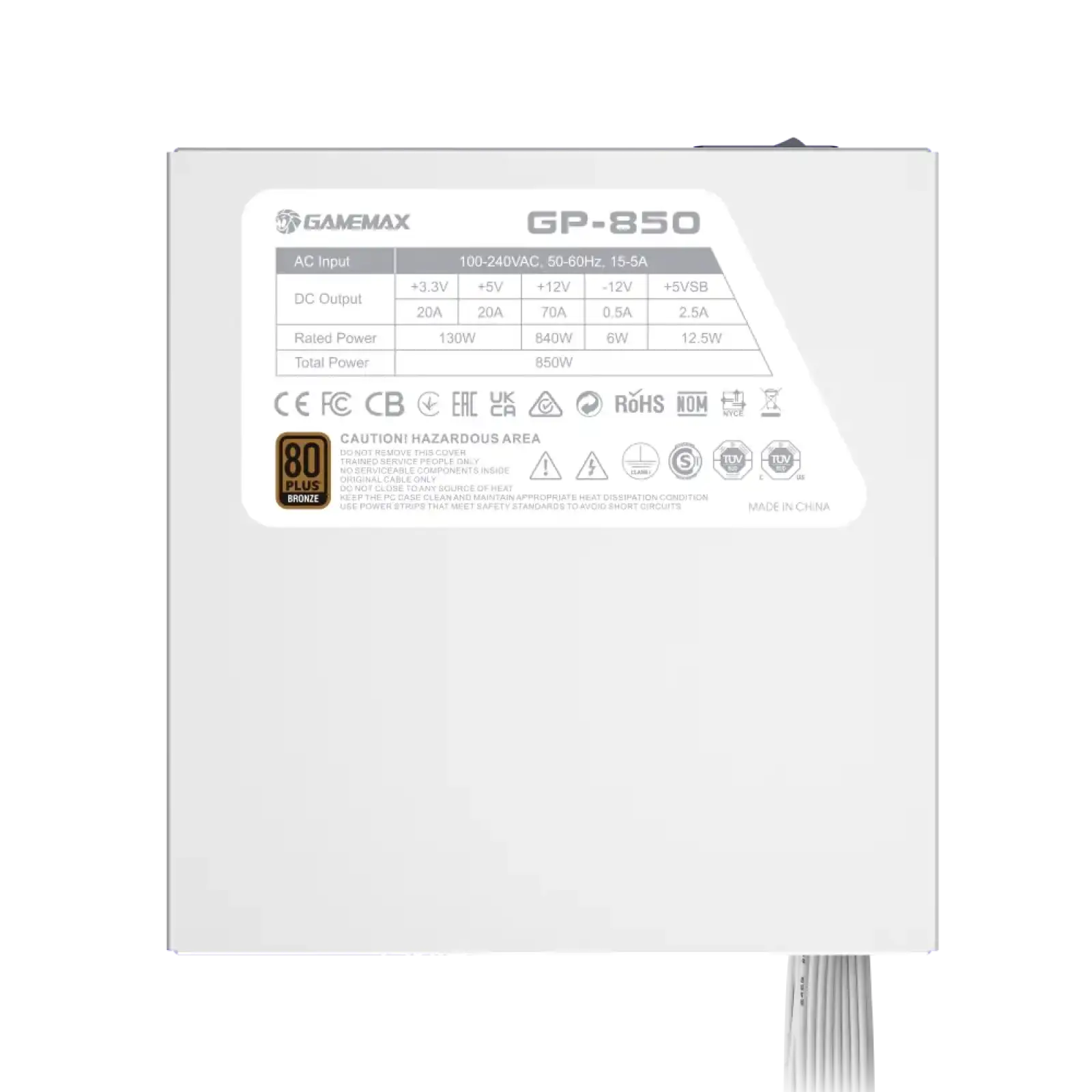 Блок живлення GAMEMAX 850W, 80+ Bronze, fan 140mm OPP/OVP/ UVP/OCP/SCP/OTP/NLP/SIP/OLP/NLO GP-850 White UA