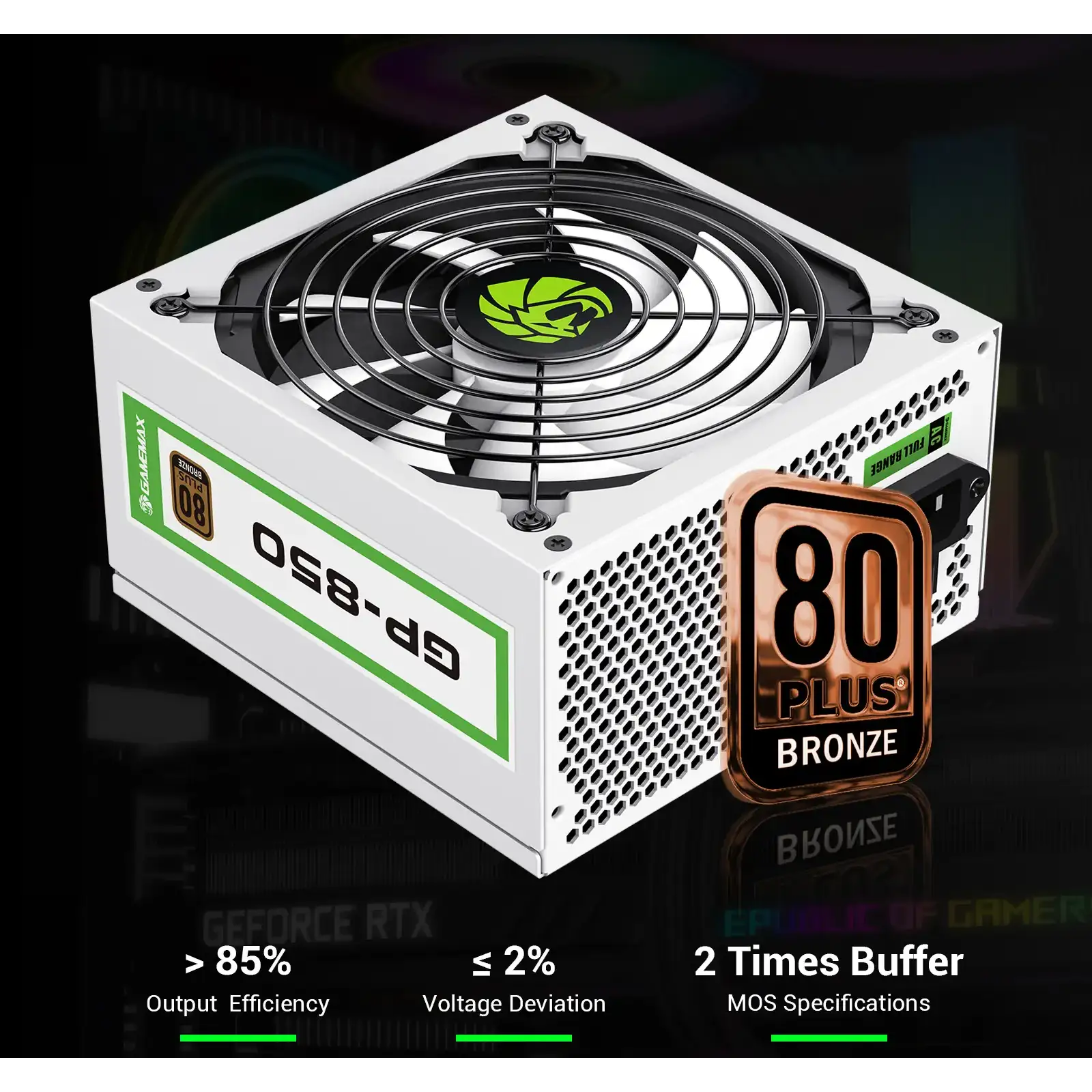 Блок живлення GAMEMAX 850W, 80+ Bronze, fan 140mm OPP/OVP/ UVP/OCP/SCP/OTP/NLP/SIP/OLP/NLO GP-850 White UA