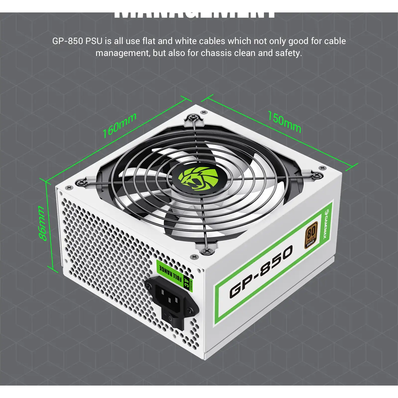 Блок живлення GAMEMAX 850W, 80+ Bronze, fan 140mm OPP/OVP/ UVP/OCP/SCP/OTP/NLP/SIP/OLP/NLO GP-850 White UA