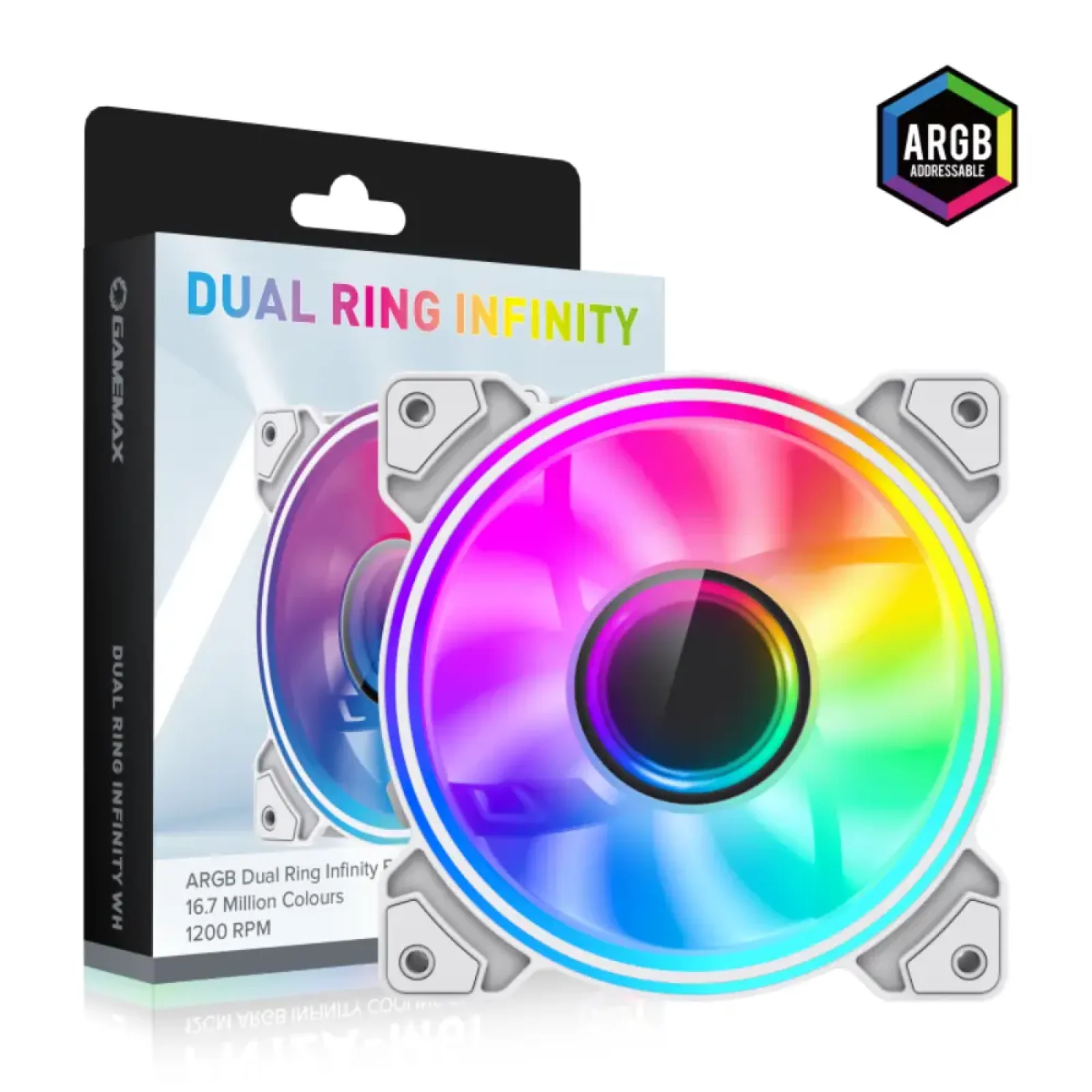Кулер для корпусу GAMEMAX 120 мм, ARGB 3pin 5V(M/F),Molex+ 3pin, AURA SYNC or ARGB HUB Dual Ring Infinity WH UA