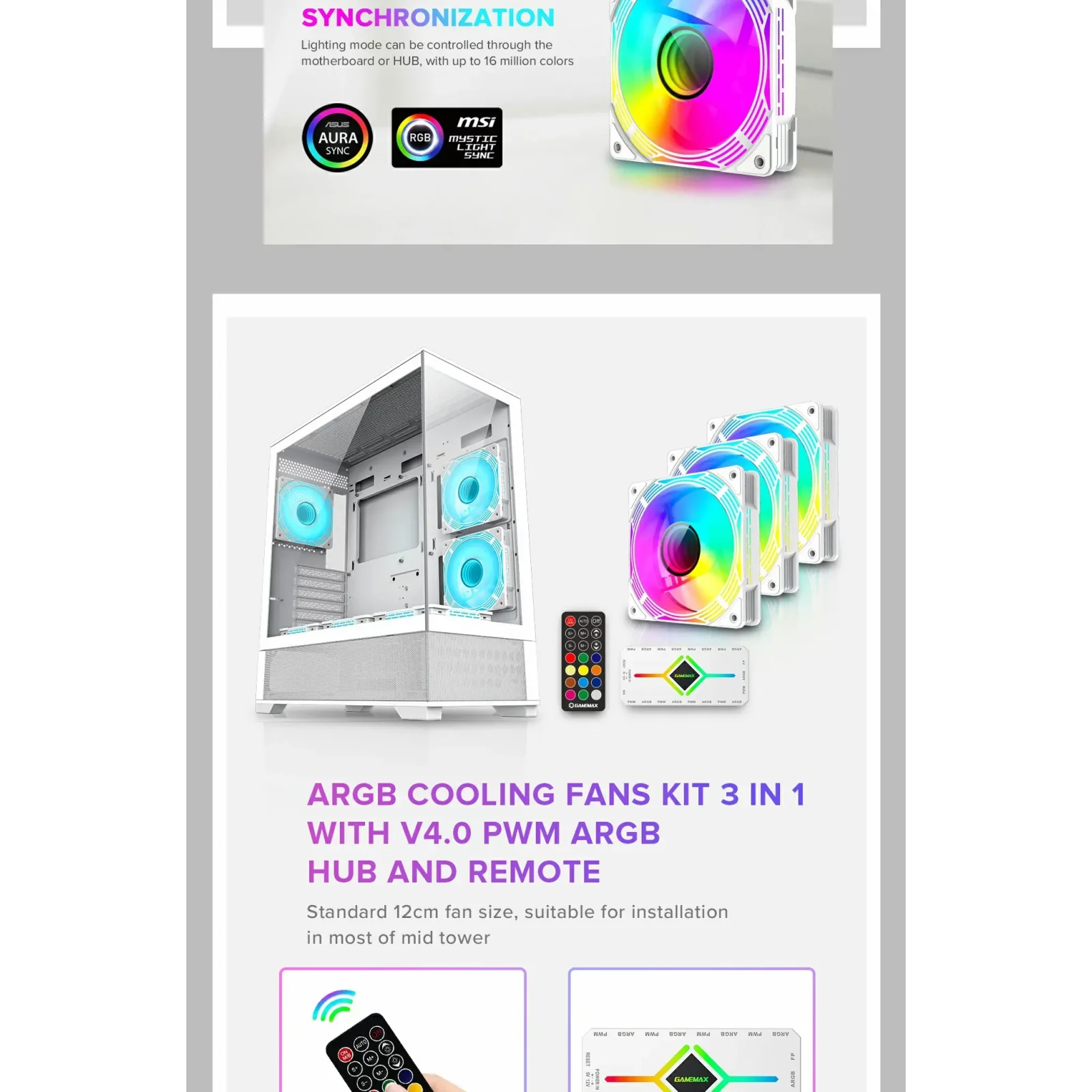 Кулер для корпусу GAMEMAX 120mm*3 KIT ARGB fan KF300 WH UA