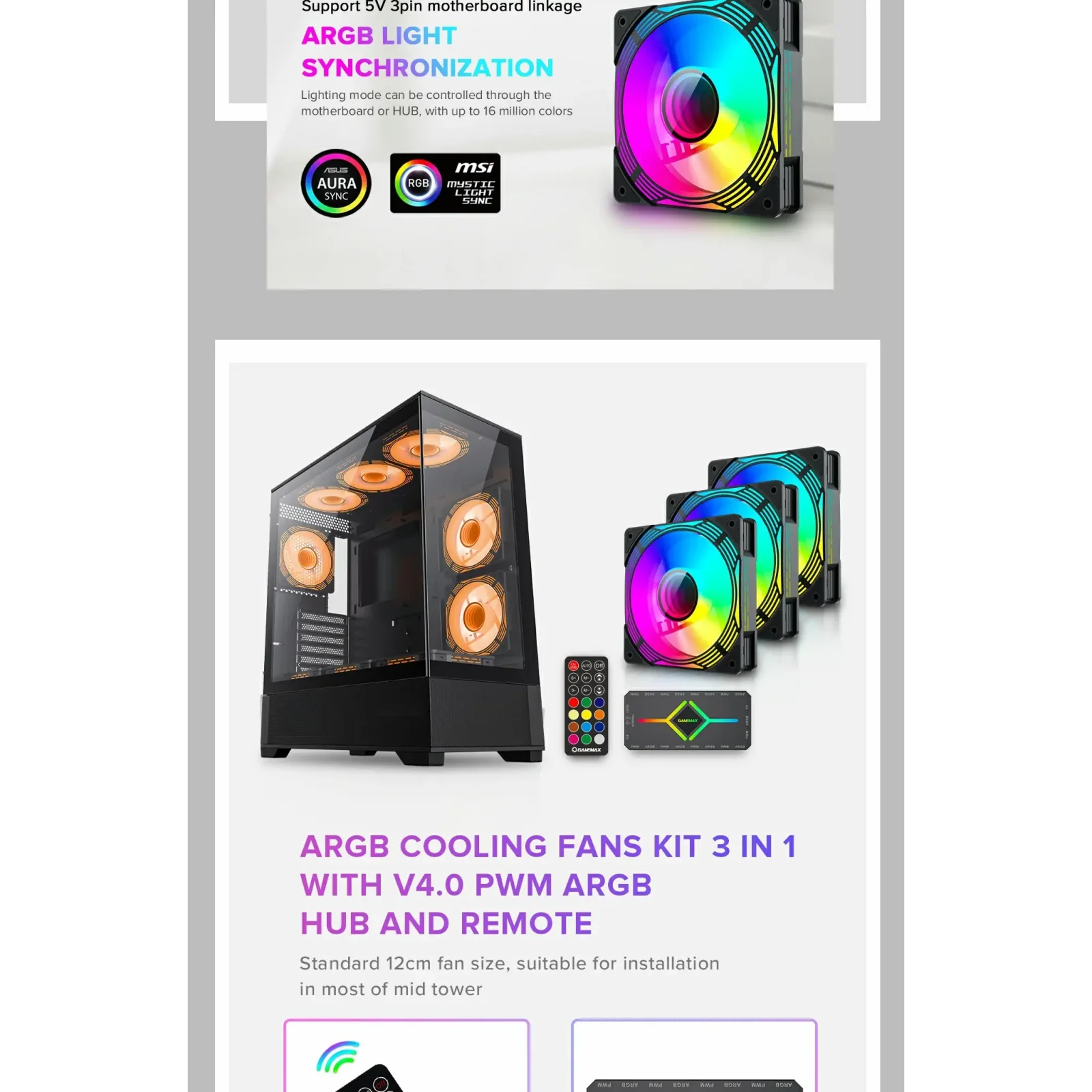 Кулер для корпусу GAMEMAX 120mm*3 KIT ARGB fan KF300 BK UA