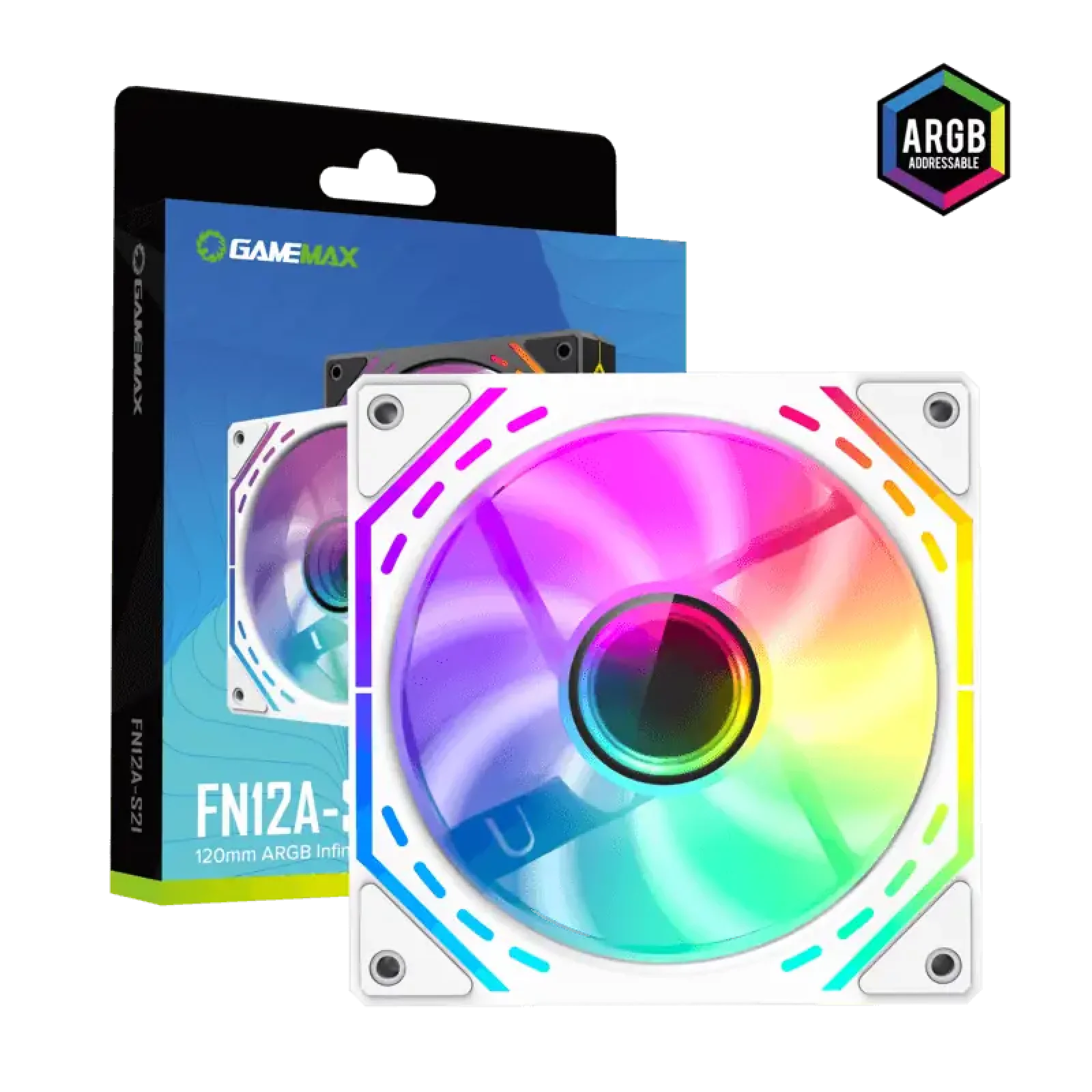 Кулер для корпусу GAMEMAX 120 мм, 4pin(M/F)/3pin(M/F), ARGB, PWM, білий FN12A-S2I-W FN12A-S2I-W UA