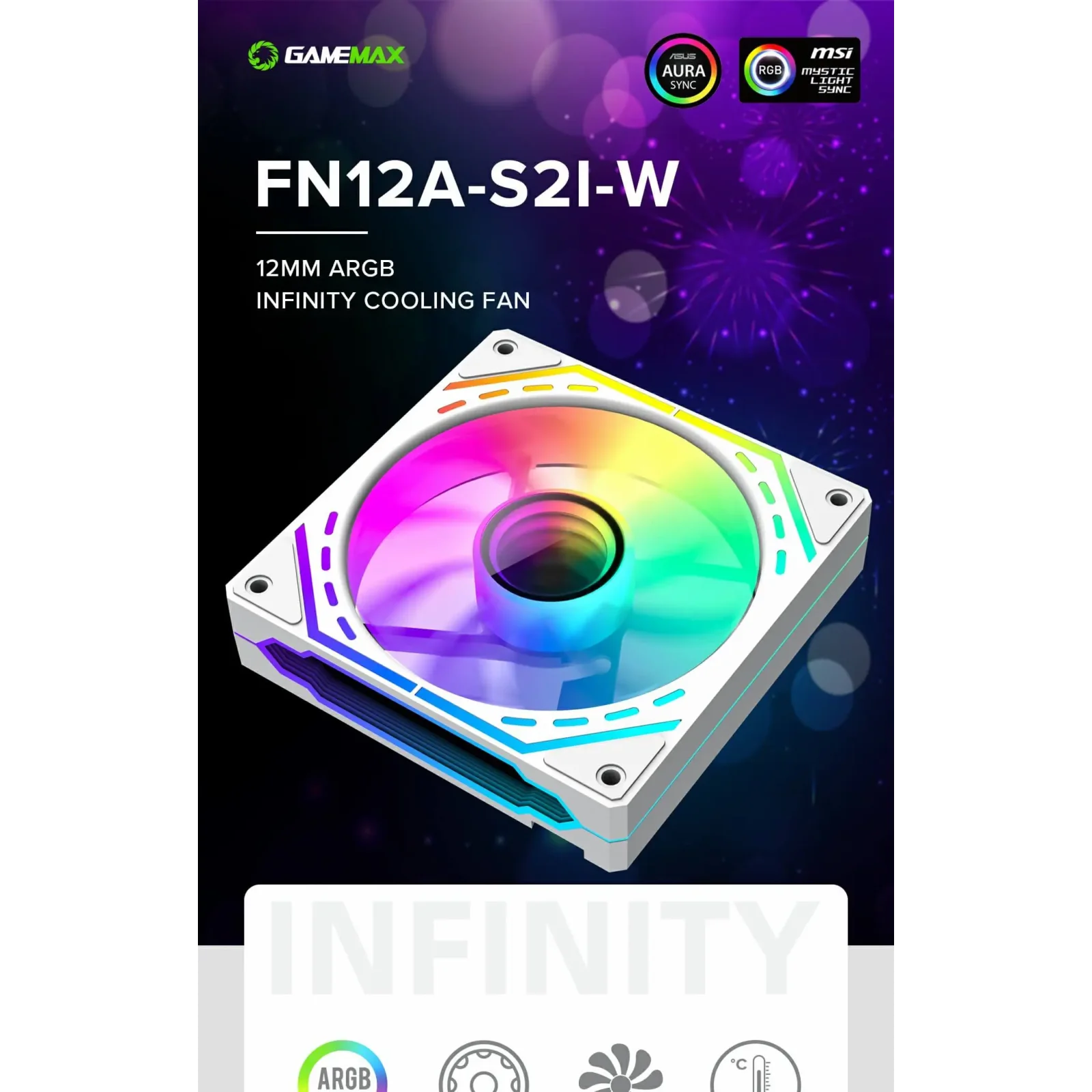 Кулер для корпусу GAMEMAX 120 мм, 4pin(M/F)/3pin(M/F), ARGB, PWM, білий FN12A-S2I-W FN12A-S2I-W UA